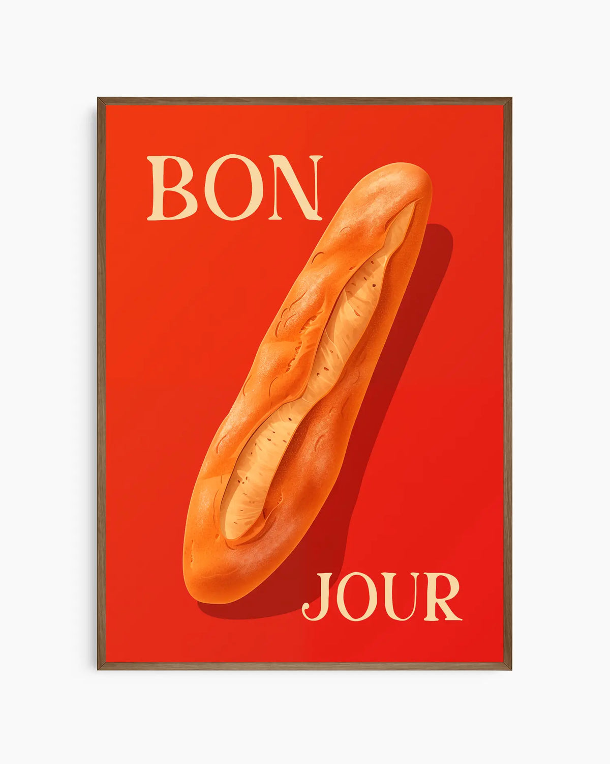 Barntavla med baguette och texten "BON JOUR", inramad i mörk ek. Den djupa ramen framhäver de varma tonerna och ger en elegant touch.