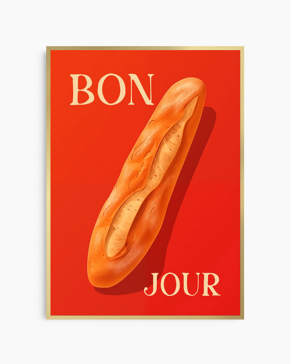"BON JOUR" barntavla med baguette på röd bakgrund, inramad i guld aluminiumram. Den gyllene tonen ger motivet en varm, lyxig känsla.