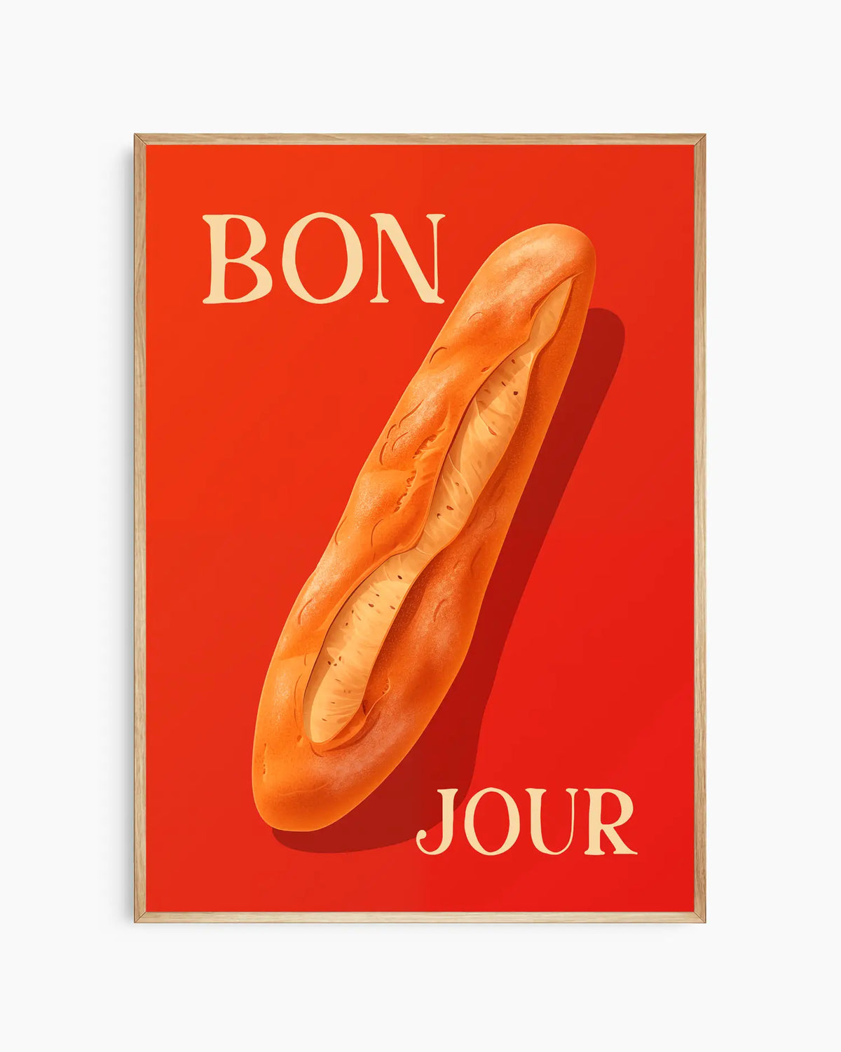 "BON JOUR" barntavla med baguette och röd bakgrund, inramad i ekram. Den naturliga ramen mjukar upp det livliga motivet och ger en charmig kontrast.