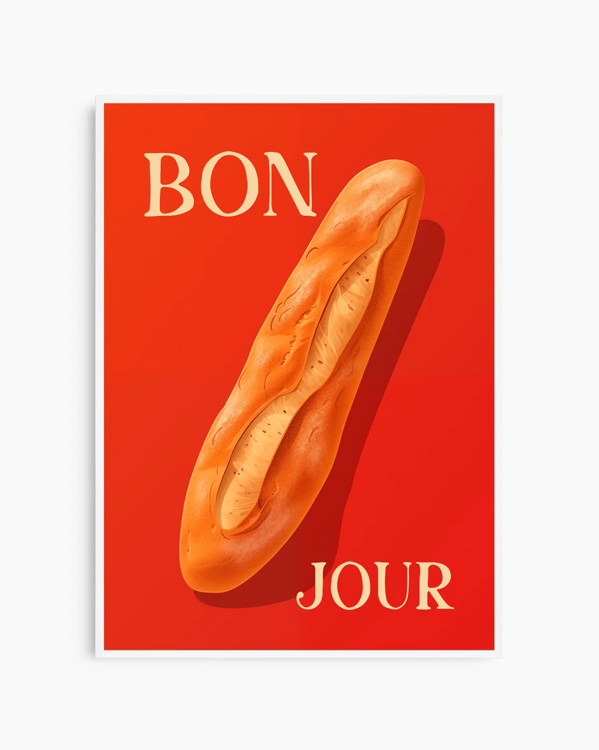 "BON JOUR" barntavla med baguetteillustration, inramad i vit träram. Den ljusa ramen skapar ett lekfullt och fräscht uttryck som passar i moderna barnrum.