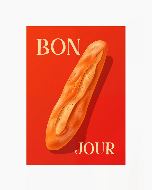 Barntavla med motiv av en baguette och texten "BON JOUR" i retrostil mot röd bakgrund. En lekfull och färgstark illustration som sprider glädje i barnrummet.