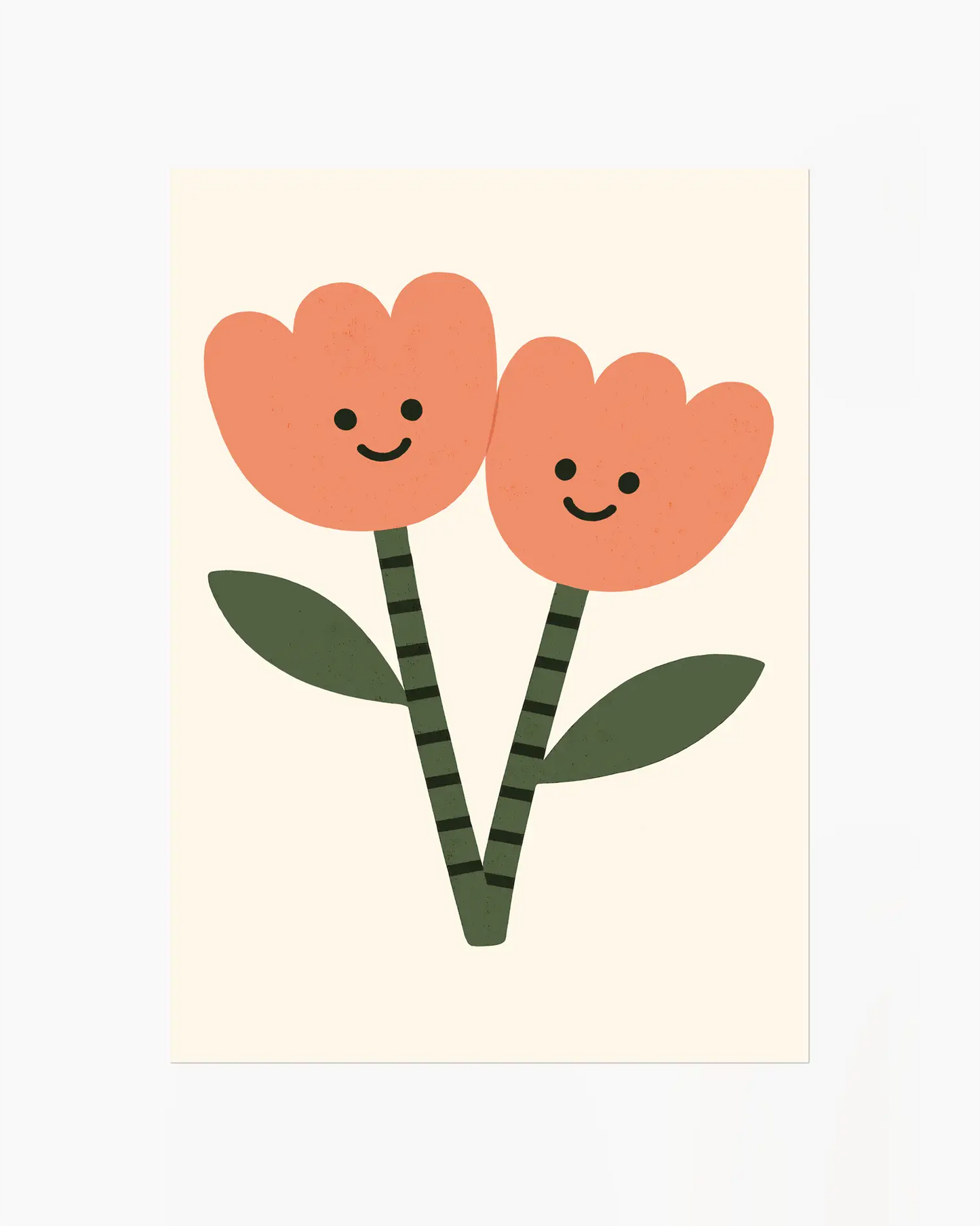 Barntavla med två orange blommor med leenden och gröna blad mot ljus bakgrund. En charmig och minimalistisk design som förmedlar glädje och trygghet.