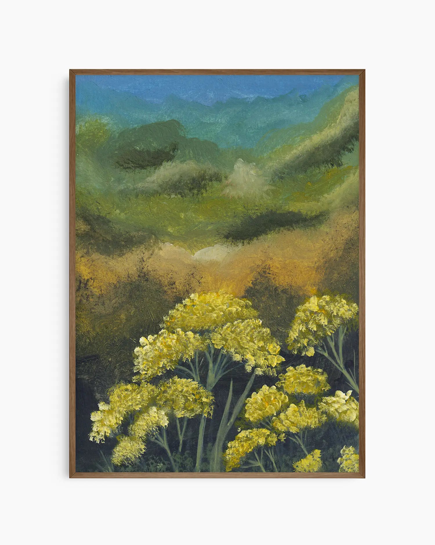 Inramad barntavla med målade gula blommor framför ett grönt och blått landskap i mörk ekram.