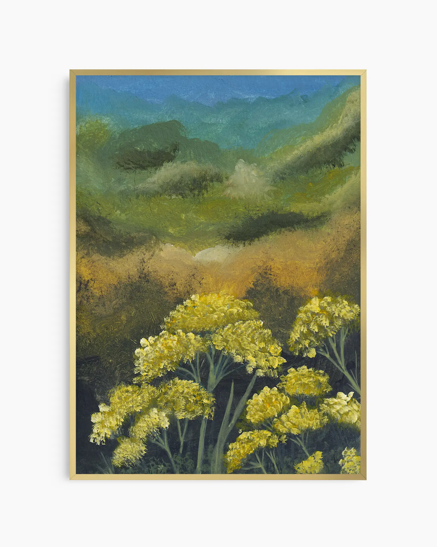 Inramad barntavla med målade gula blommor framför ett grönt och blått landskap i guld aluminiumram.