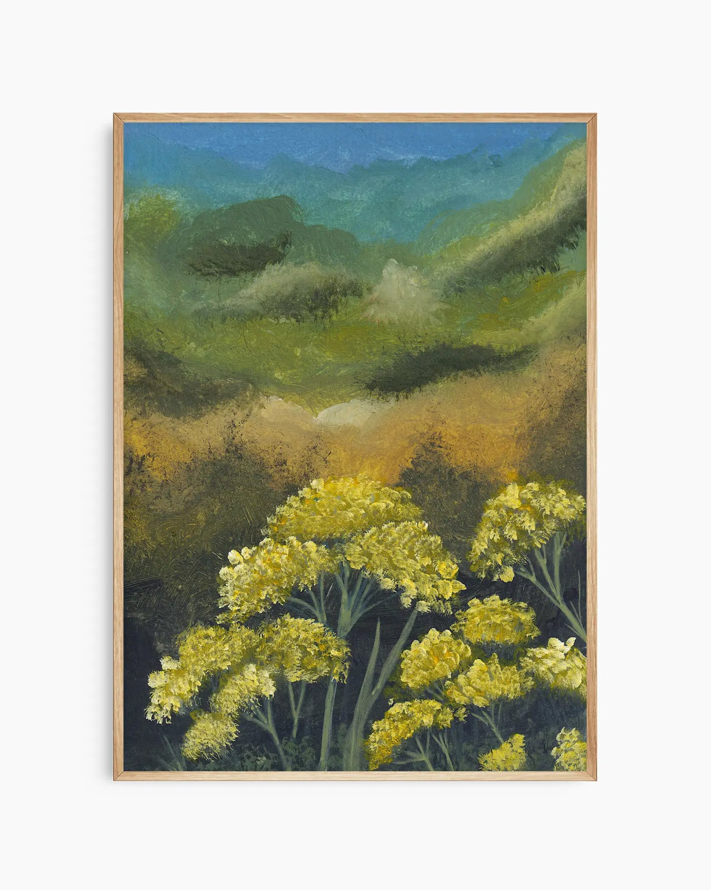 Inramad barntavla med målade gula blommor framför ett grönt och blått landskap i ekram.