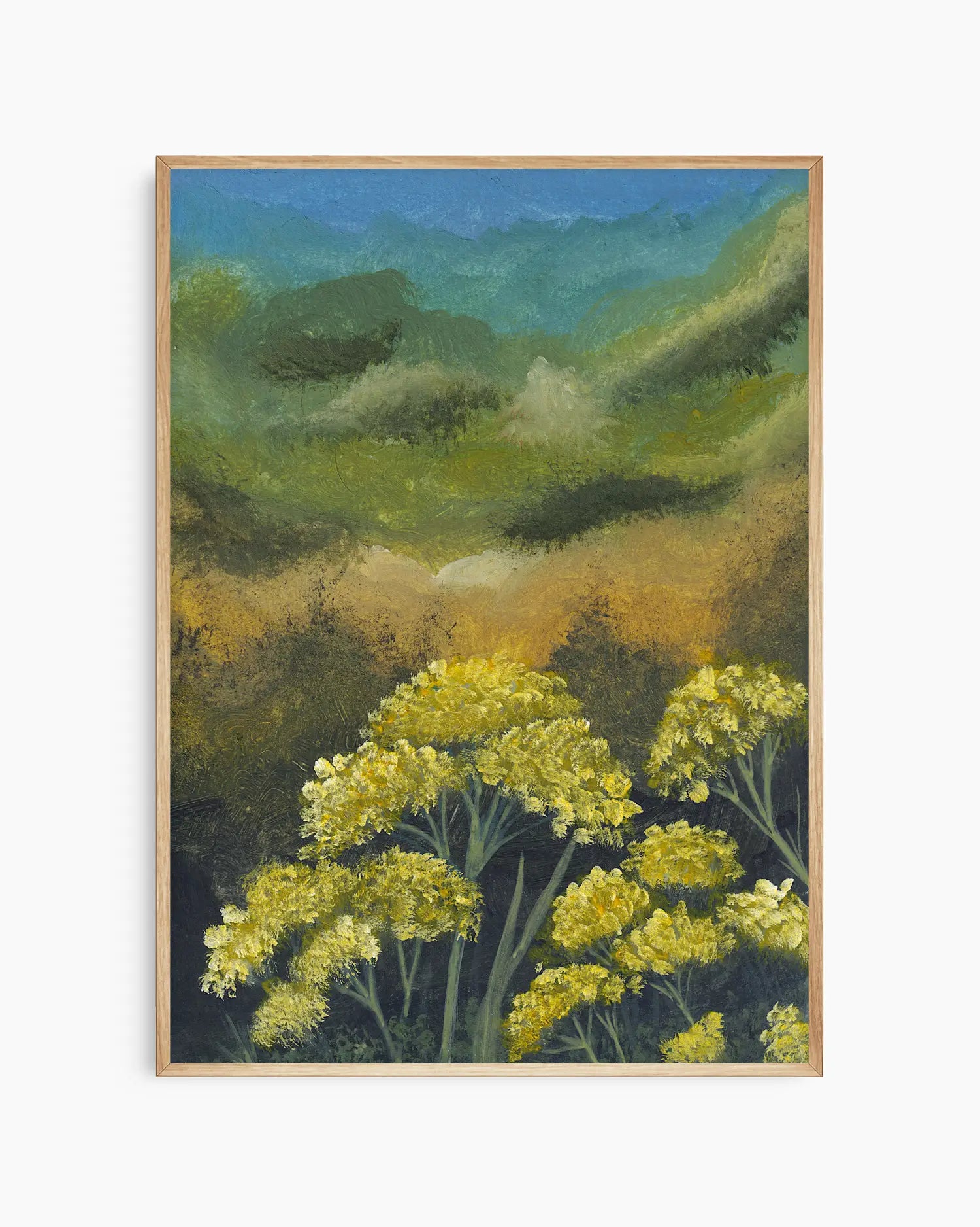 Inramad barntavla med målade gula blommor framför ett grönt och blått landskap i ekram.