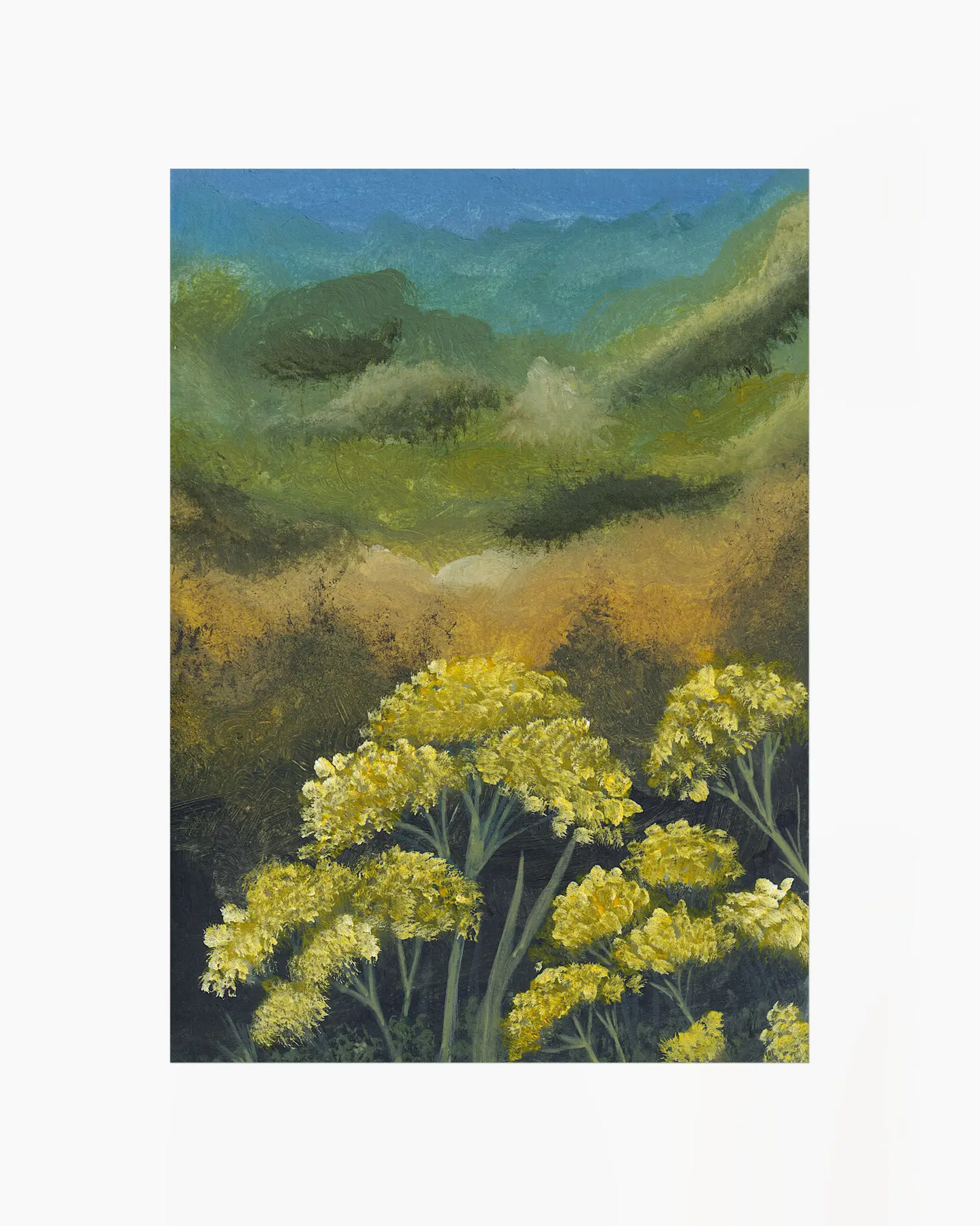 Barntavla med målade gula blommor framför ett grönt och blått landskap.