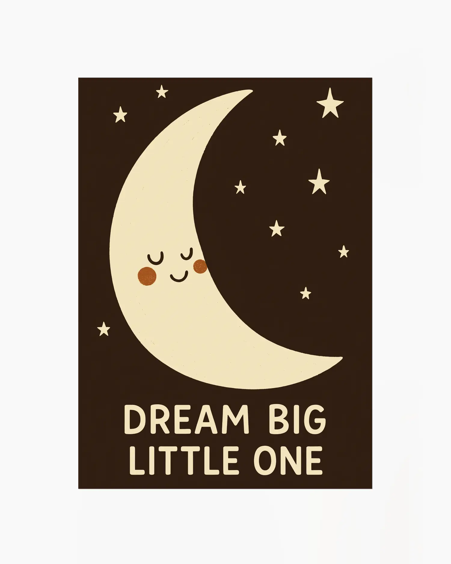 Barntavla med en charmig måne, små stjärnor och texten “Dream Big Little One” mot mörk bakgrund.