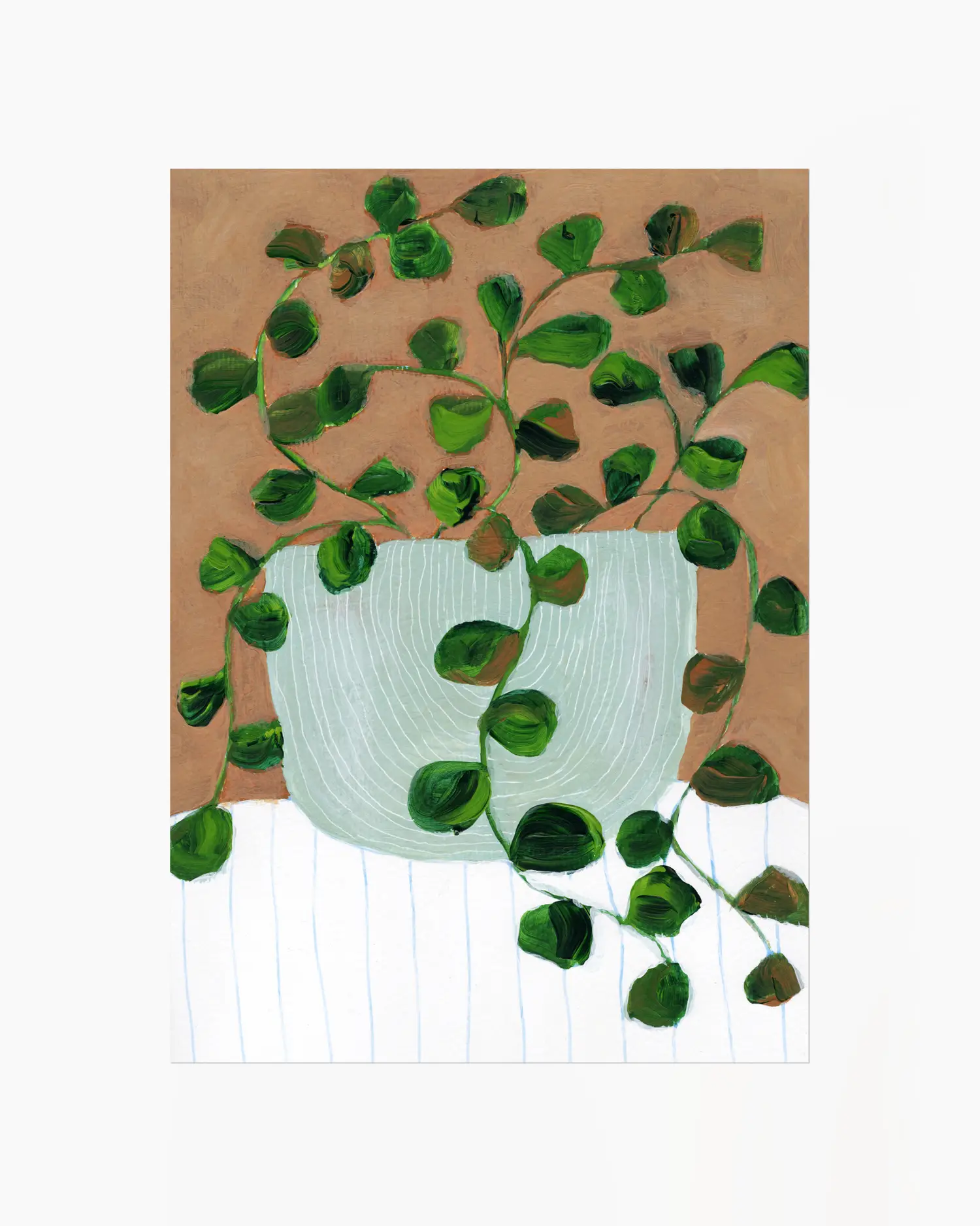 Barntavla med stiliserad grön slingerväxt i rund kruka mot jordnära bakgrund.