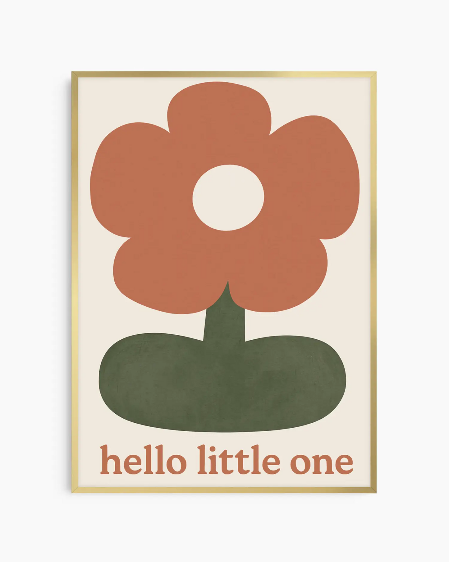 Barntavla med enkel blomillustration och texten "HELLO LITTLE ONE" i nederkant, inramad i guld aluminiumram.