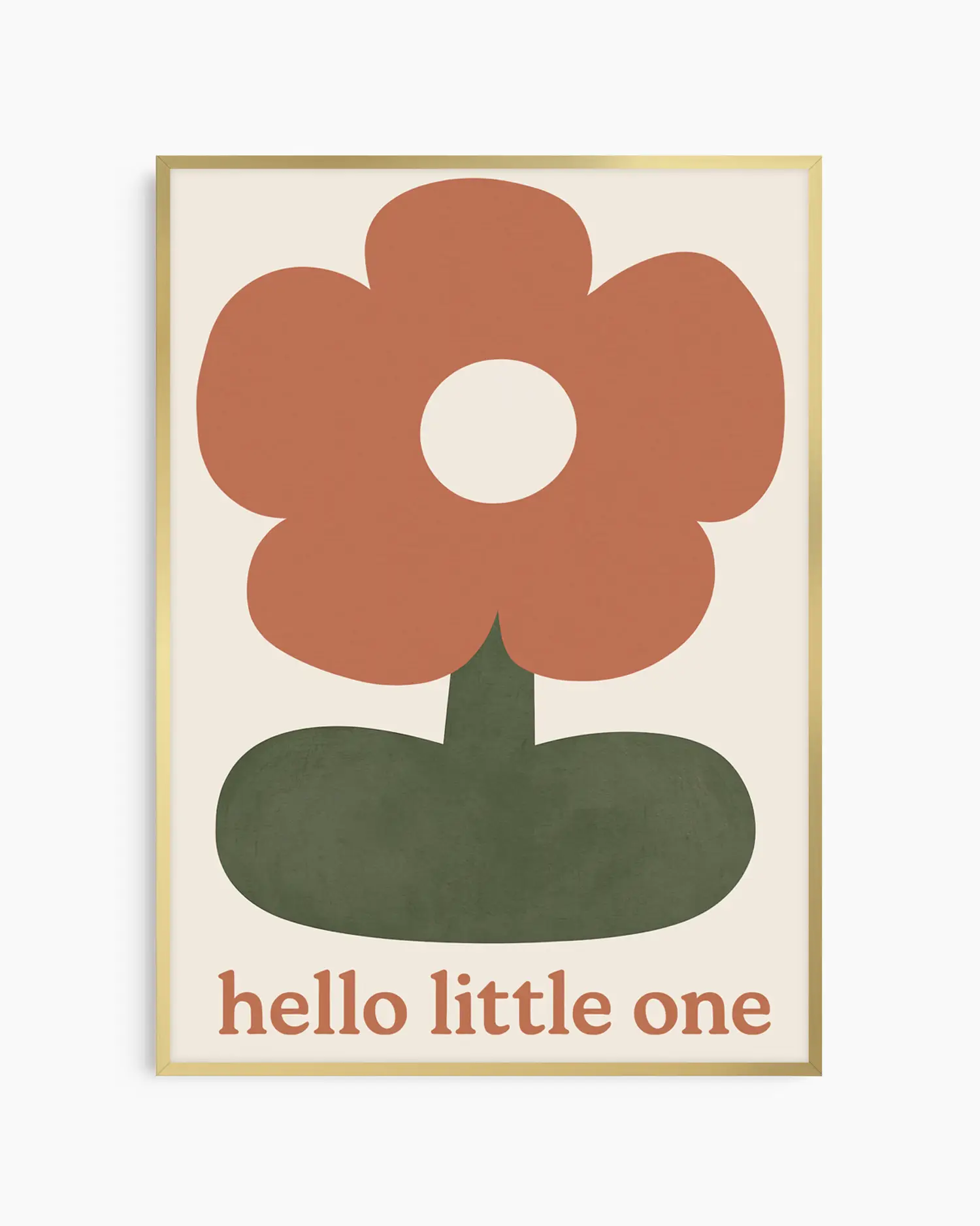 Barntavla med enkel blomillustration och texten "HELLO LITTLE ONE" i nederkant, inramad i guld aluminiumram.