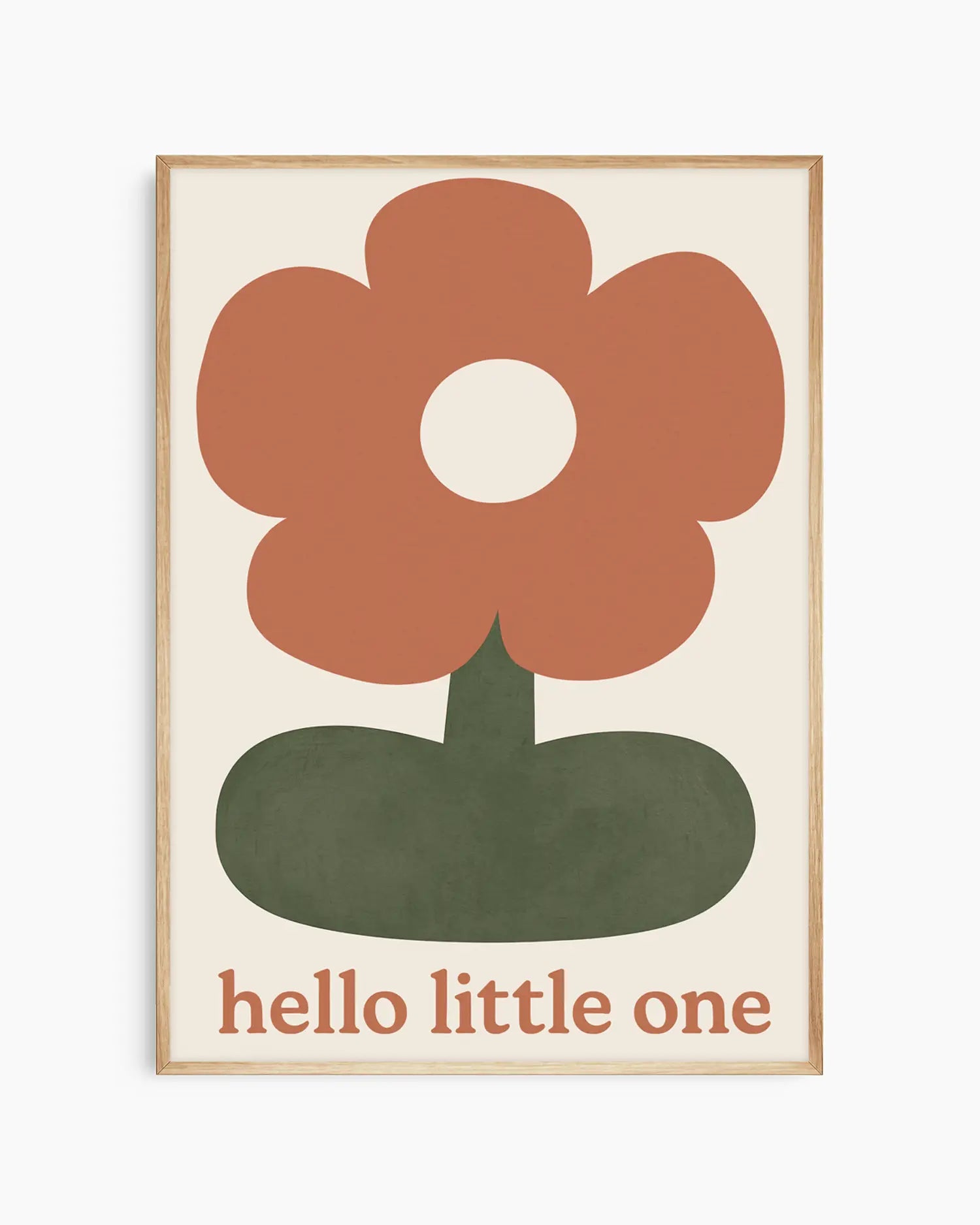 Barntavla med lekfull blomform och harmoniska jordnära toner med texten "HELLO LITTLE ONE", inramad i ekram.