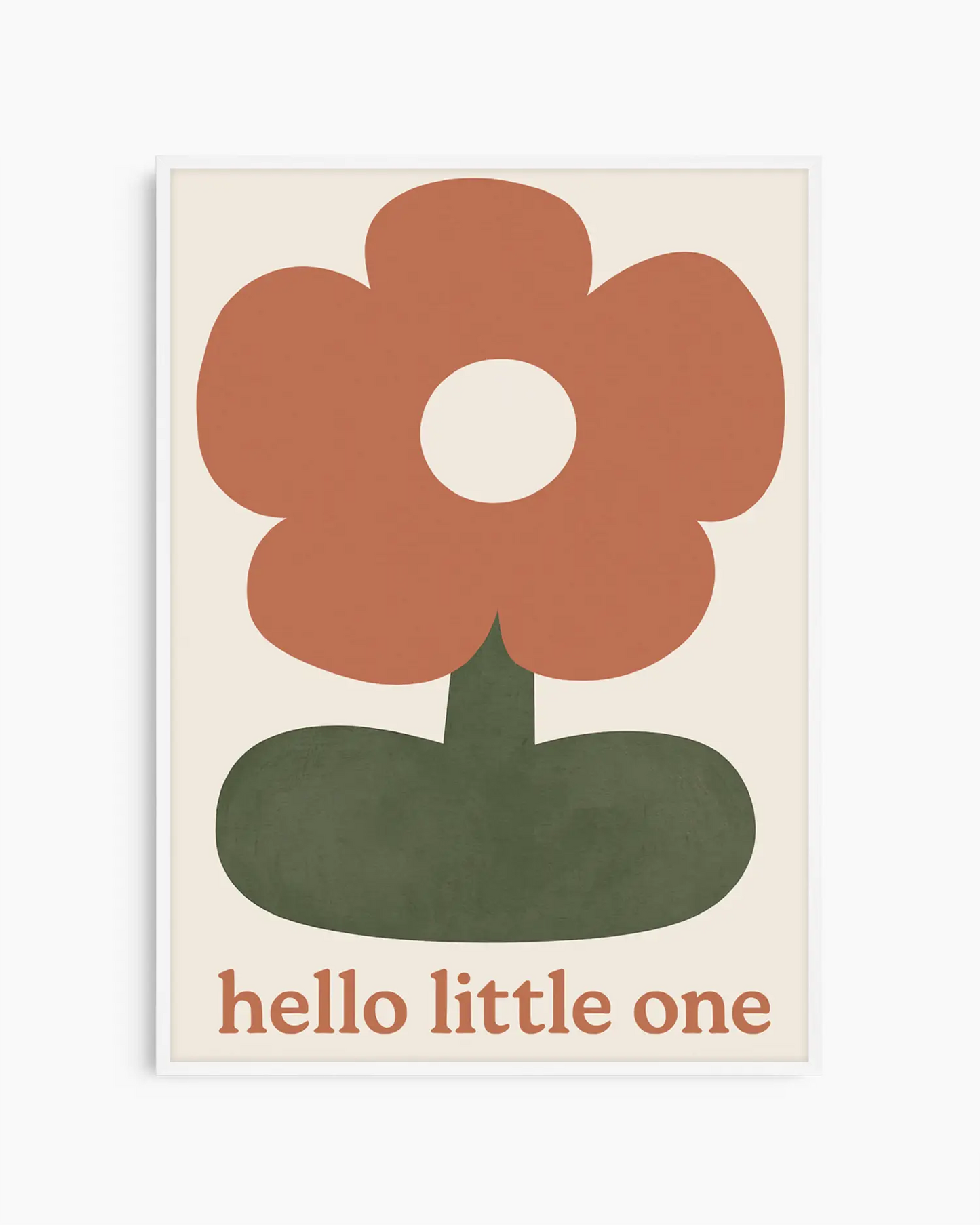 Barntavla med stilren blomma och mjuk typografi med texten "HELLO LITTLE ONE", inramad i vit träram som ger ett ljust uttryck.