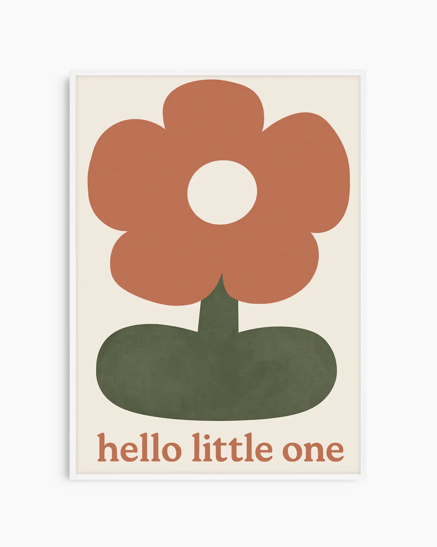 Barntavla med stilren blomma och mjuk typografi med texten "HELLO LITTLE ONE", inramad i vit träram som ger ett ljust uttryck.