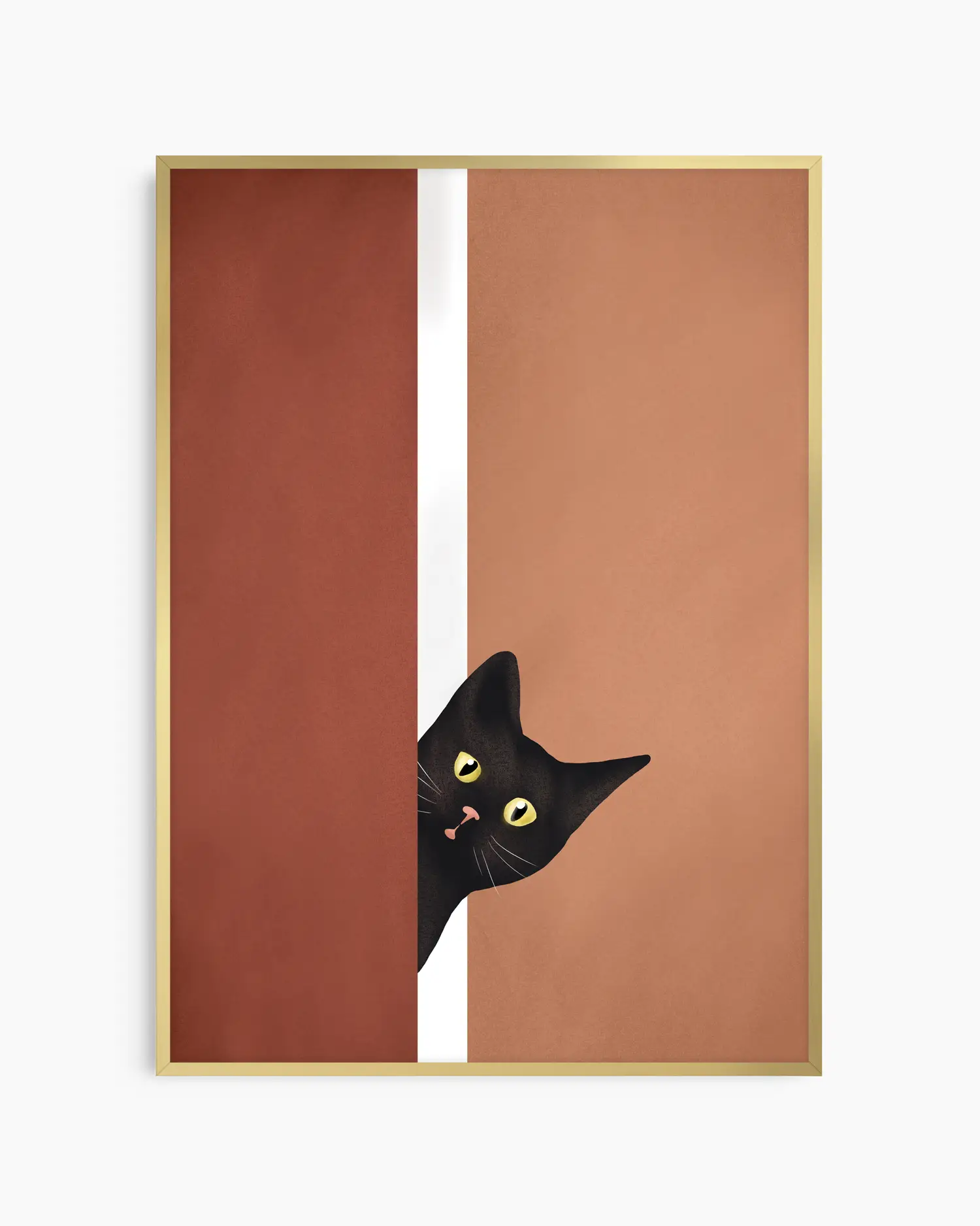 Barntavla med svart katt och stilren färgblockdesign i brunt och beige, inramad i guld aluminiumram.