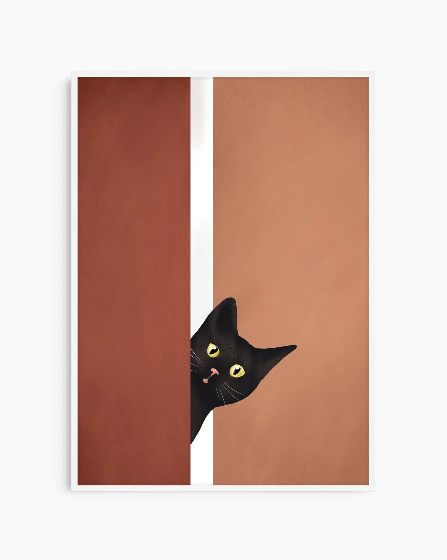 Barntavla med grafisk illustration av en katt som kikar fram, inramad i vit träram som ger ett ljust och lekfullt intryck.