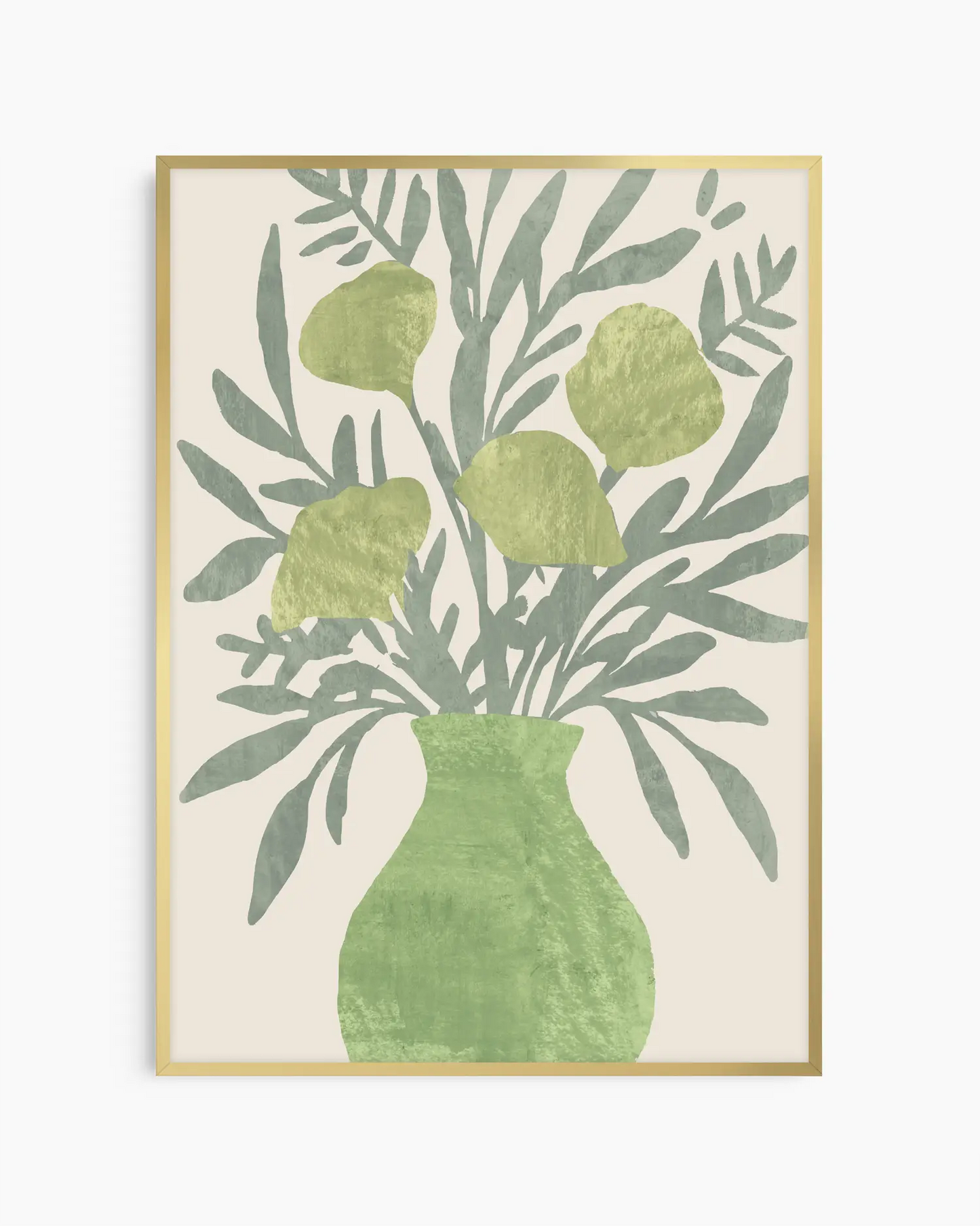 Barntavla med botaniskt motiv och grön vas i akvarellstil, inramad i ekram som ger en varm och naturlig känsla.