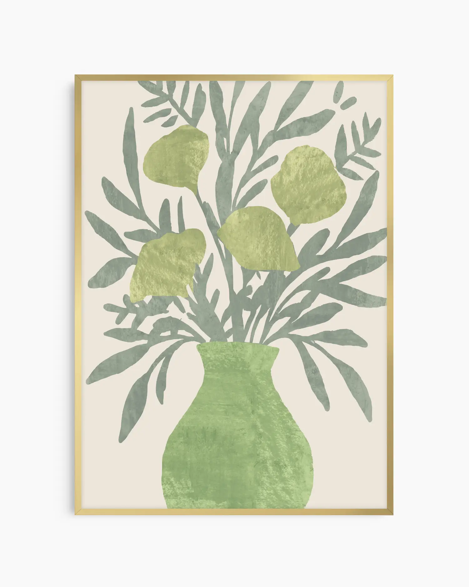 Barntavla med botaniskt motiv och grön vas i akvarellstil, inramad i ekram som ger en varm och naturlig känsla.