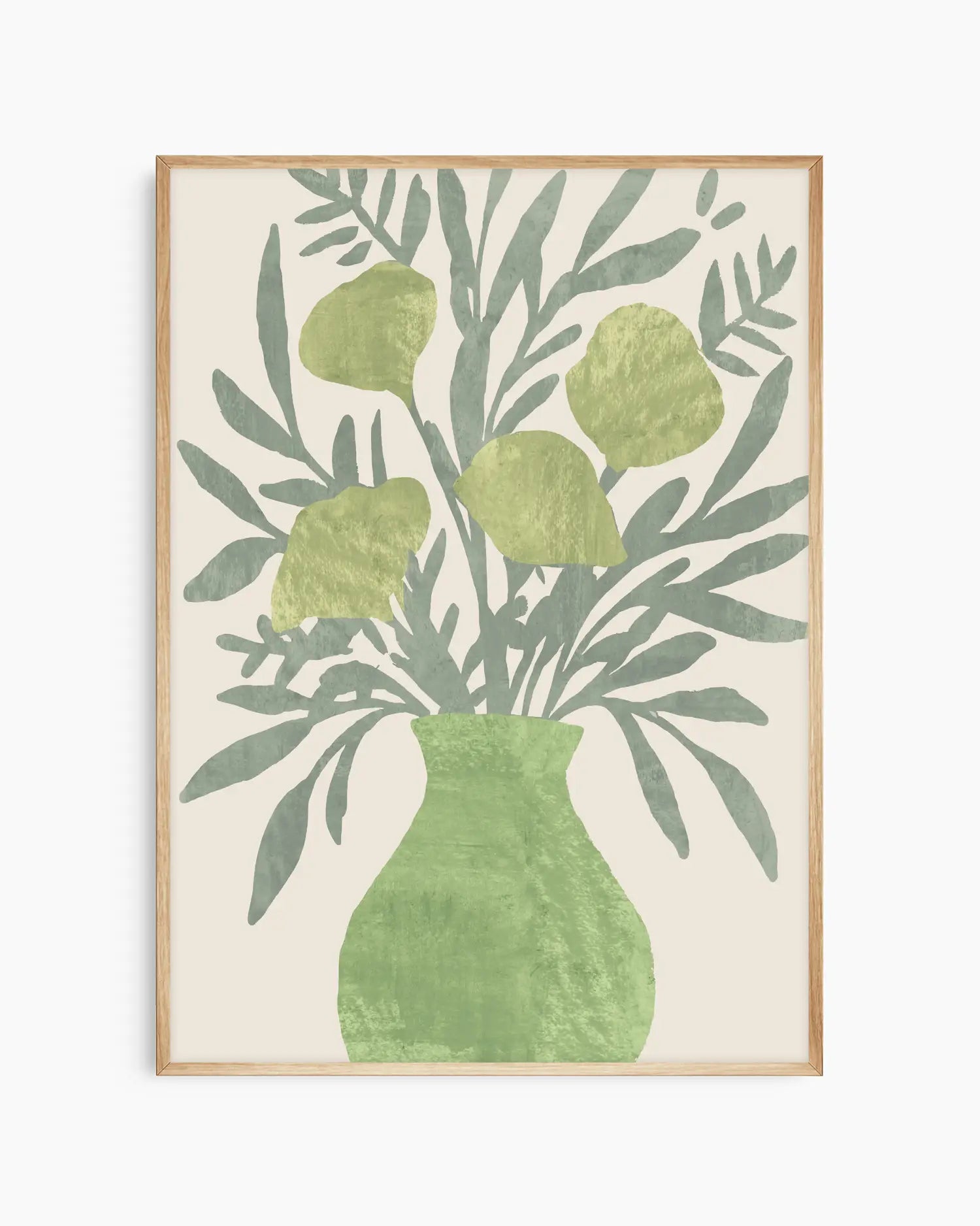 Barntavla med mjuka blad och grön kruka i illustrativ stil, inramad i mörk ekram som förstärker motivets jordnära palett.
