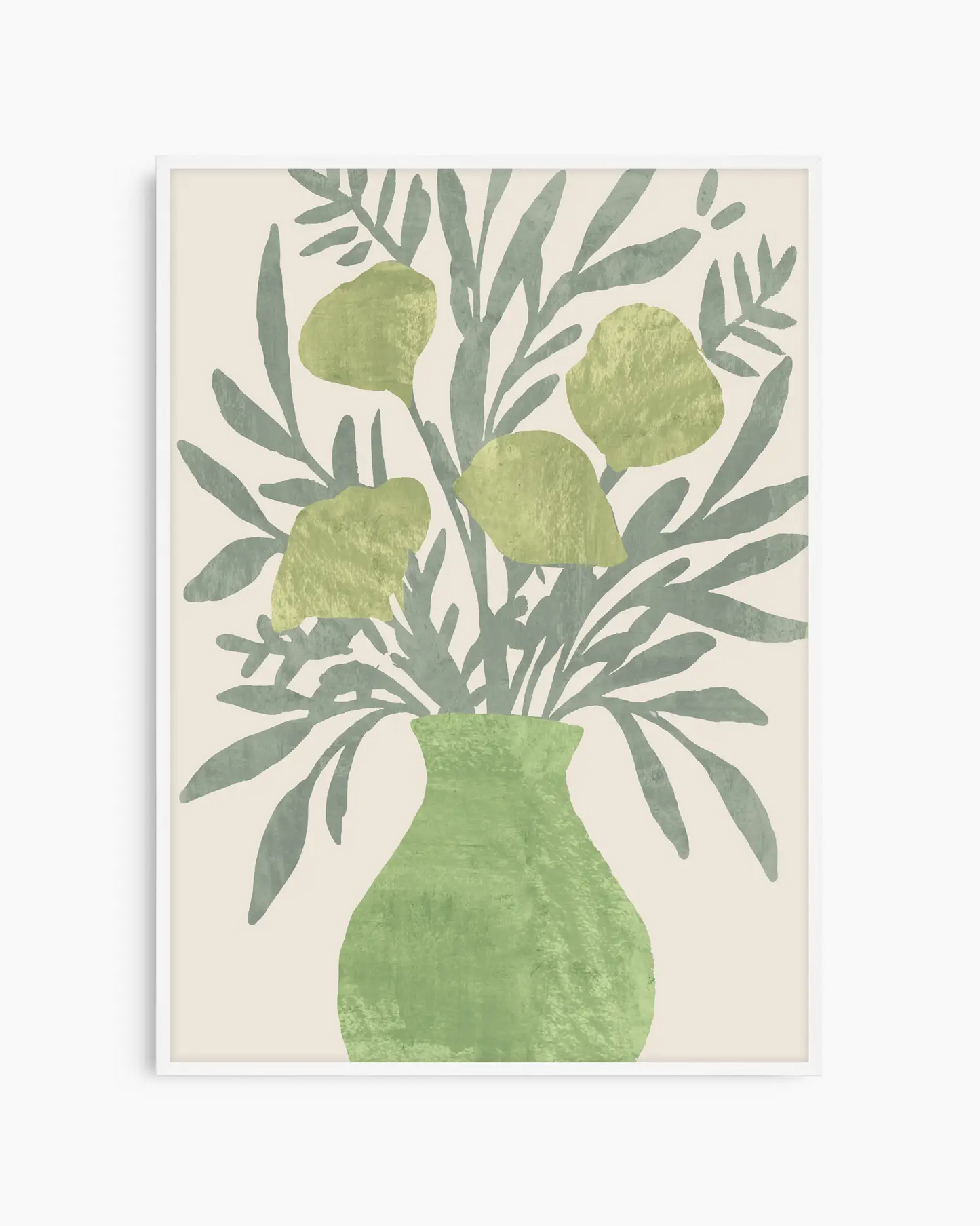 Barntavla med stilren växtillustration och grön vas, inramad i guld aluminiumram för ett modernt men mjukt uttryck.