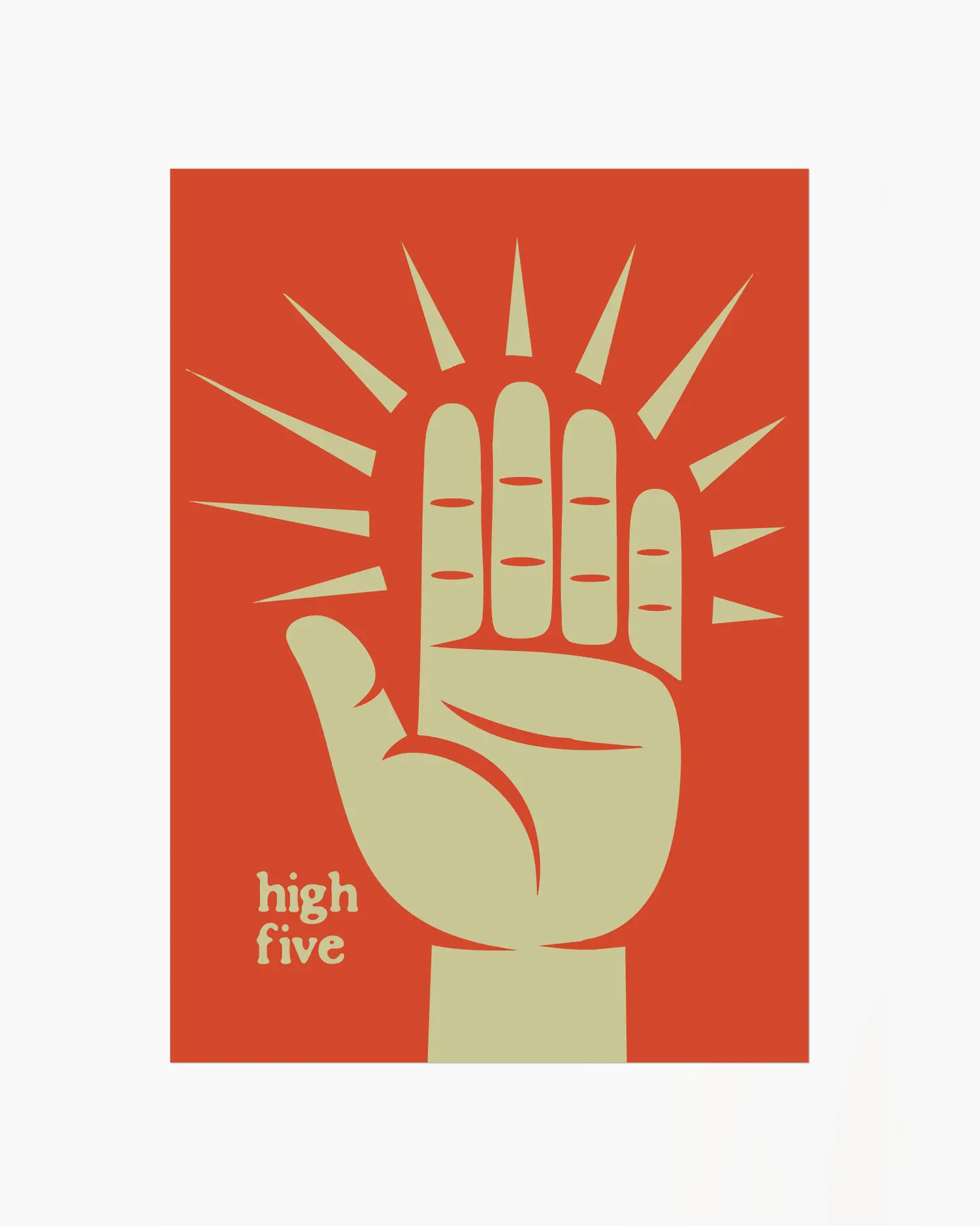 Barntavla med motiv av en stiliserad hand och texten "High five" mot orange bakgrund. En färgstark och rolig barnrumstavla som symboliserar glädje, samhörighet och energi.