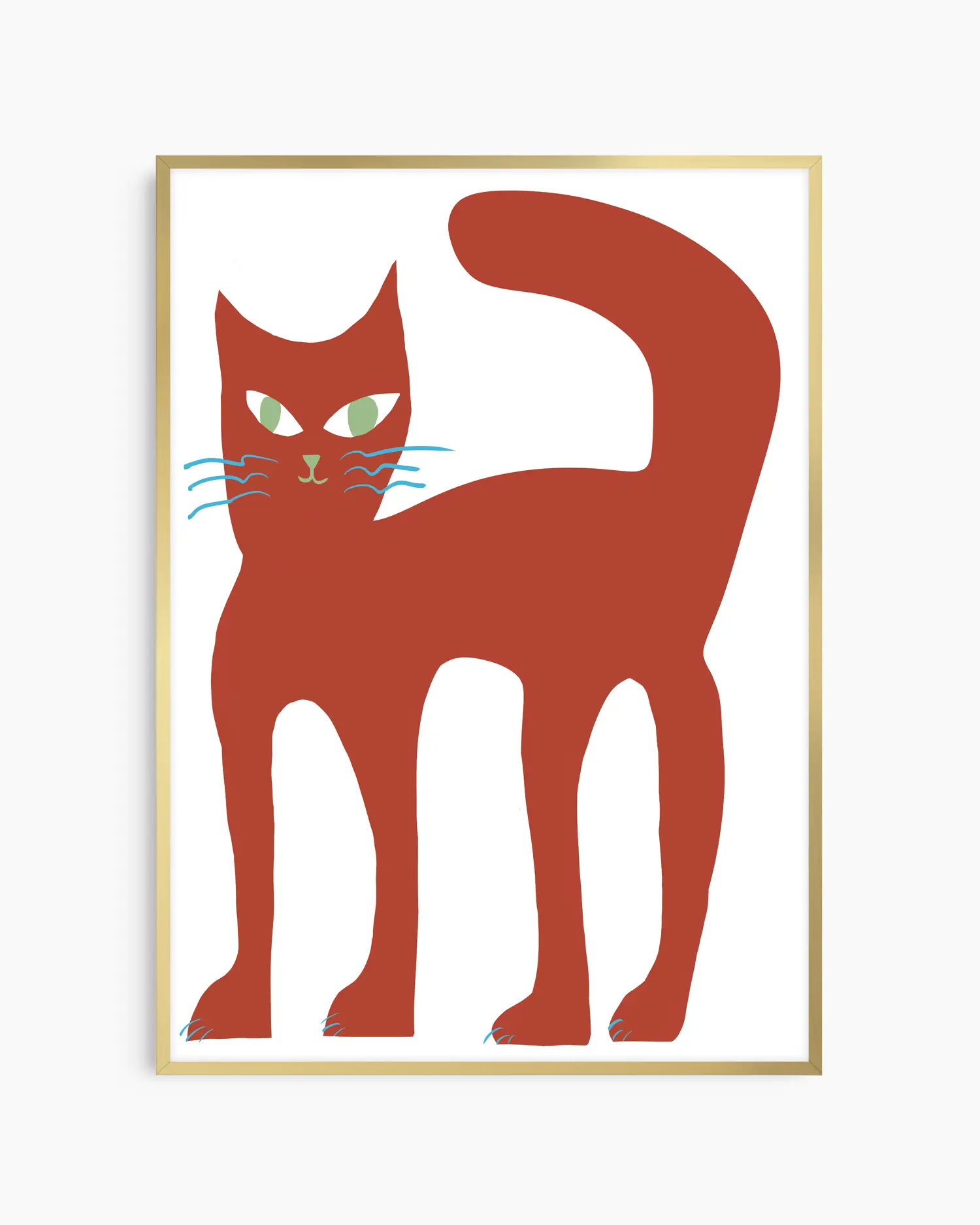 Barntavla med brun katt i naiv och charmig stil, inramad i guld aluminiumram för en mjuk men elegant helhet.
