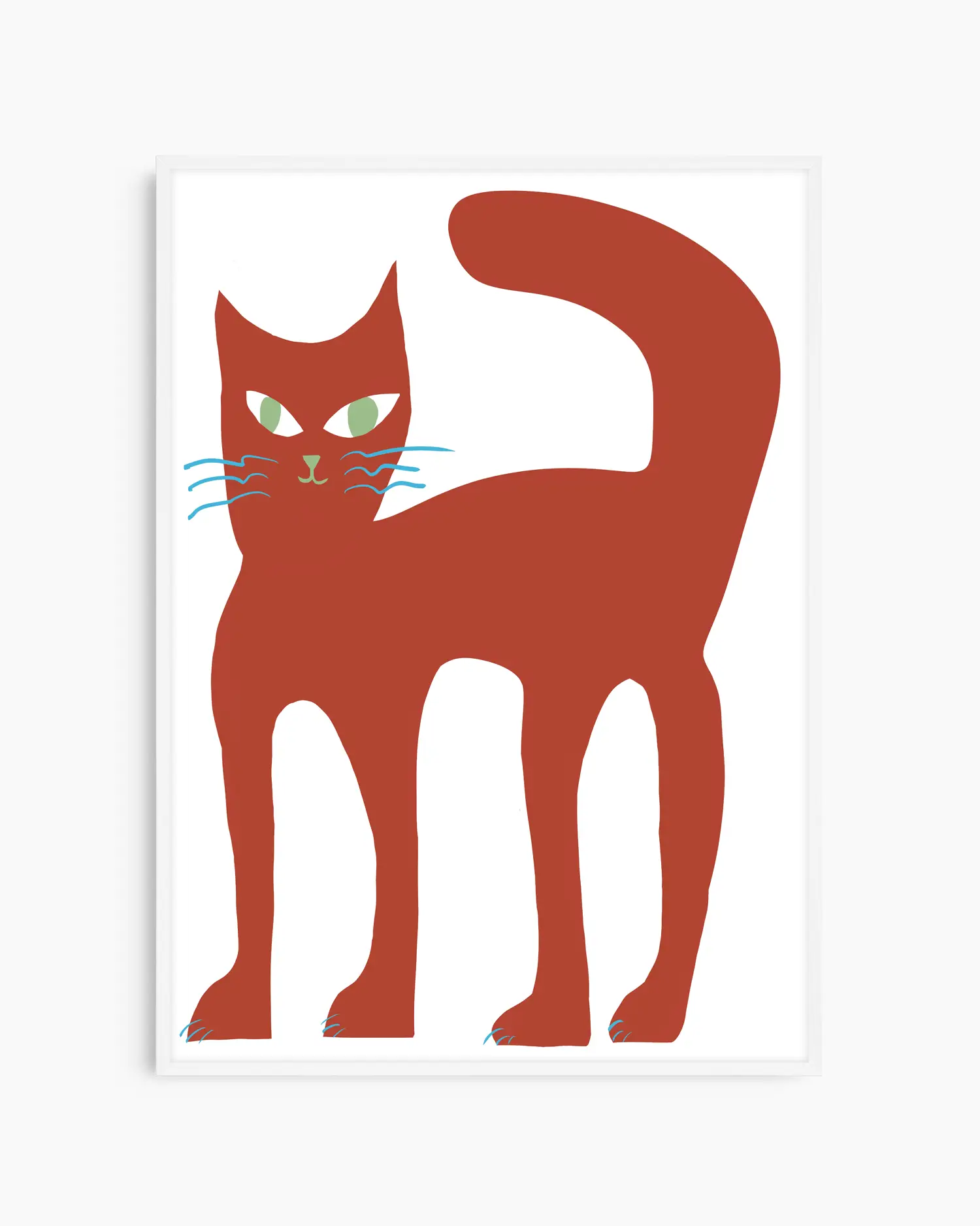 Barntavla med lekfull brun katt mot vit bakgrund, inramad i vit träram som ger ett ljust och harmoniskt intryck.