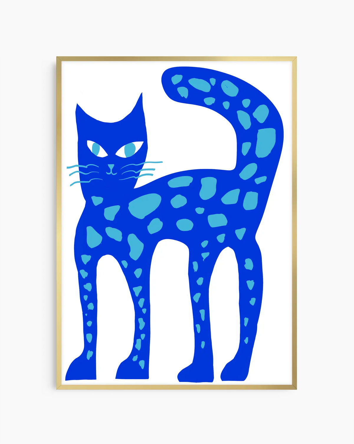 Barntavla med dekorativ blå kattillustration och mjuka former, inramad i guld aluminiumram för ett lekfullt men elegant uttryck.