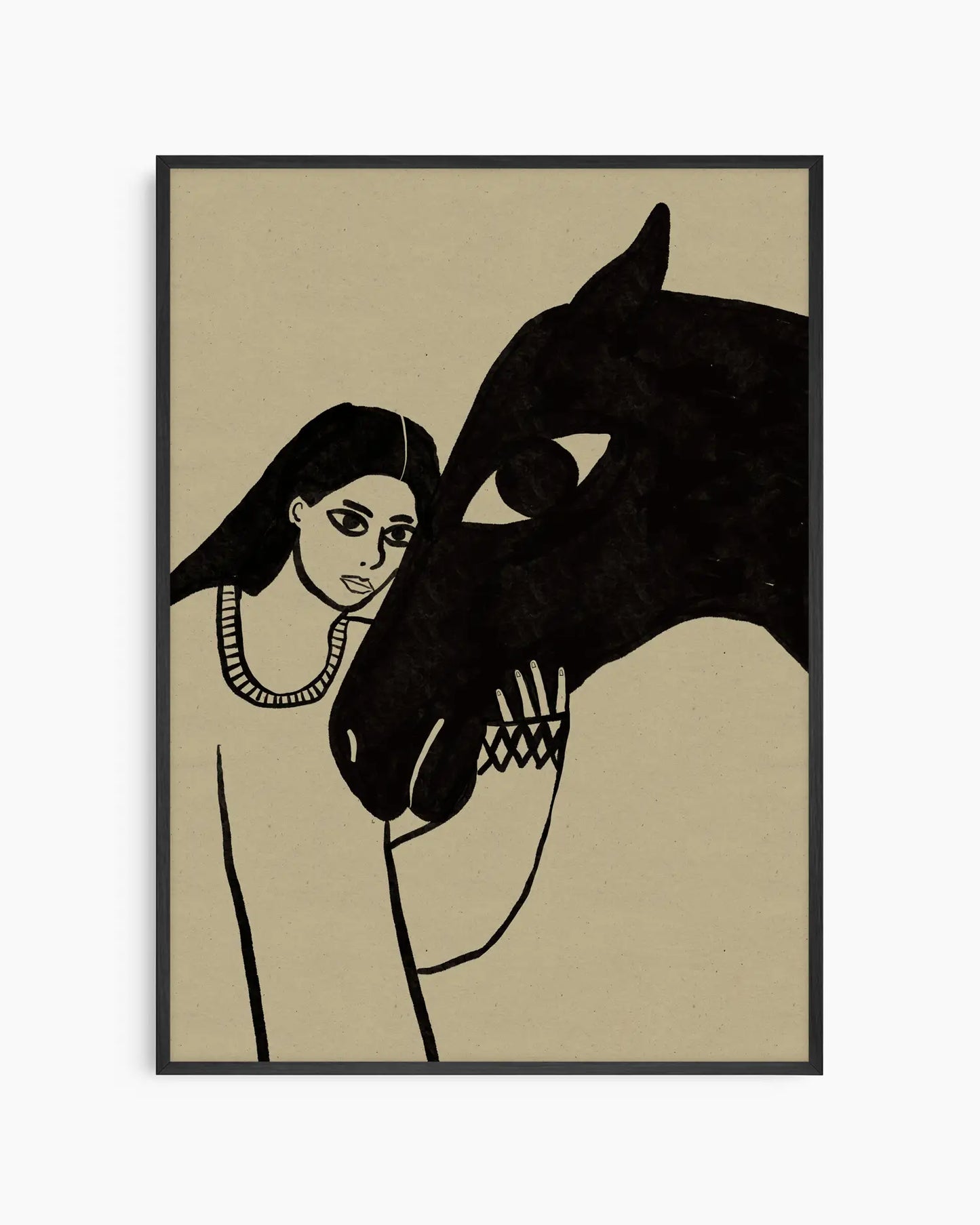 Barntavla med stiliserad illustration av en kvinna som möter en häst i mjuka svarta linjer mot beige bakgrund, inramad i svart träram för ett konstnärligt och harmoniskt uttryck.