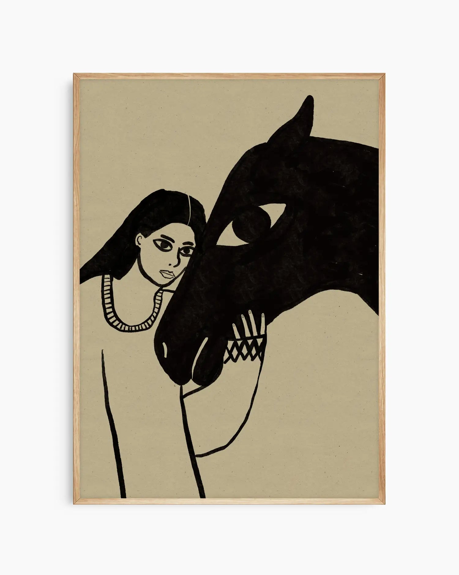 Dekorativ barntavla med känslosam illustration av kvinna och häst, inramad i ekram som passar i både barnrum och kreativa miljöer.