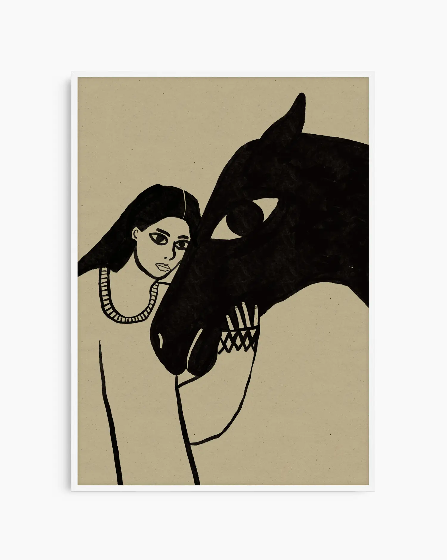 Barntavla med stilren illustration av kvinna och häst i mjukt grafiskt uttryck, inramad i vit träram för en ljus och lugn helhet.