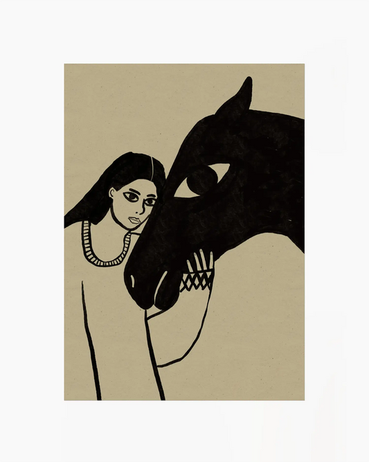 Barntavla med konstnärlig illustration av kvinna och häst i svart linjearbete mot beige bakgrund, perfekt som personlig detalj i barnrummet.