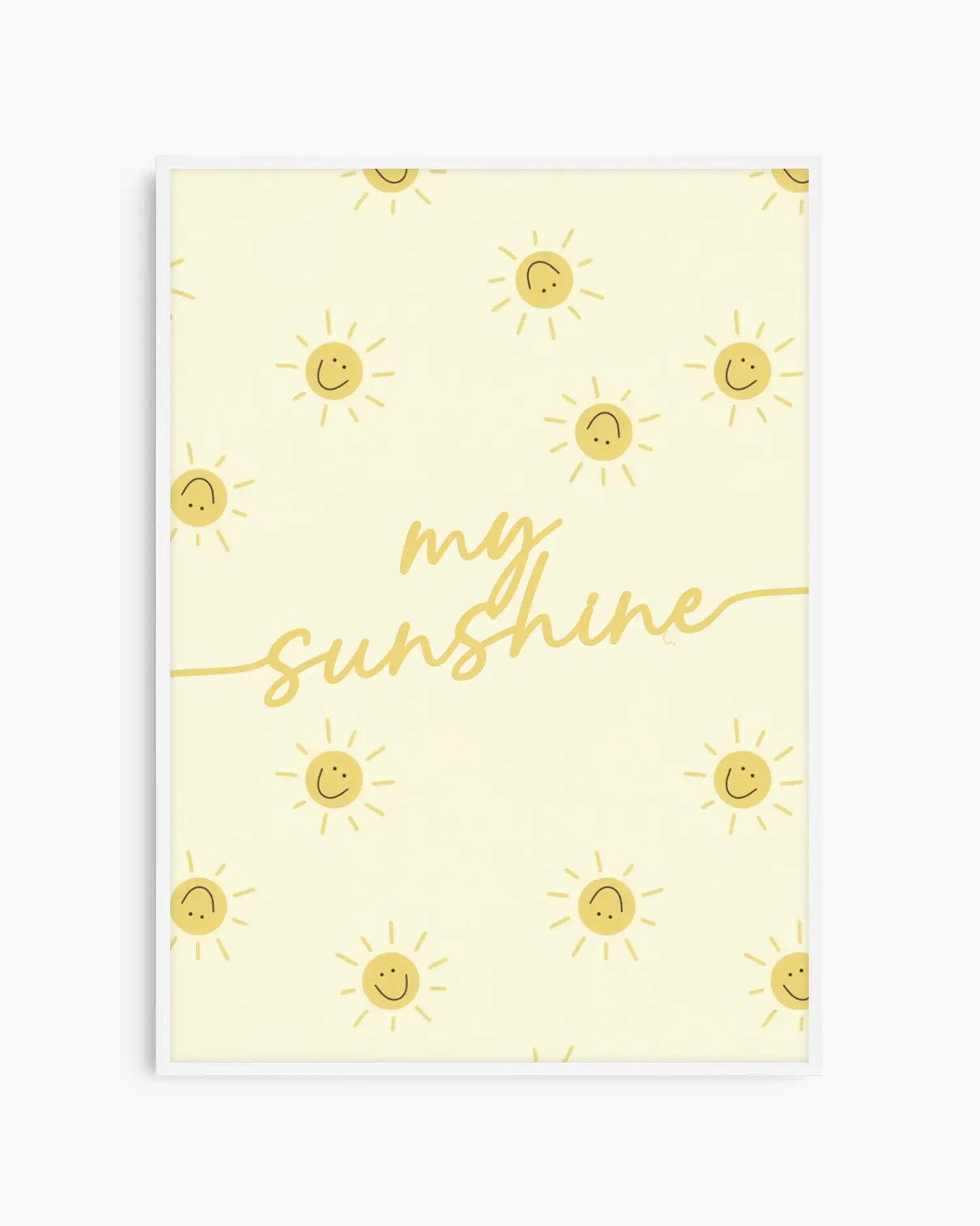 Barntavla med solmönster och texten "my sunshine" i handritad stil på ljus bakgrund, inramad i vit träram.