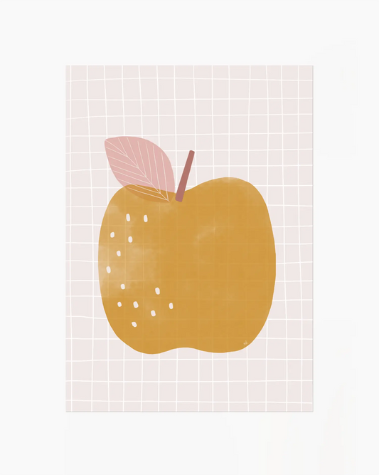 Barntavla med senapsgult äpple och rosa blad i grafisk illustration mot rutad bakgrund.