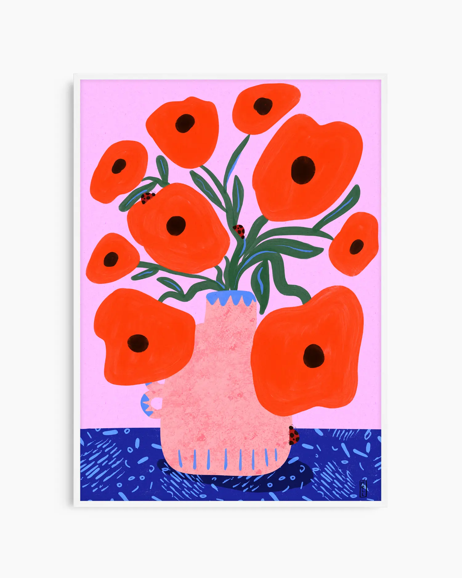 Barntavla med vallmoblommor i modern illustration och mjuk färgpalett, inramad i vit träram som ger ett ljust och luftigt intryck.