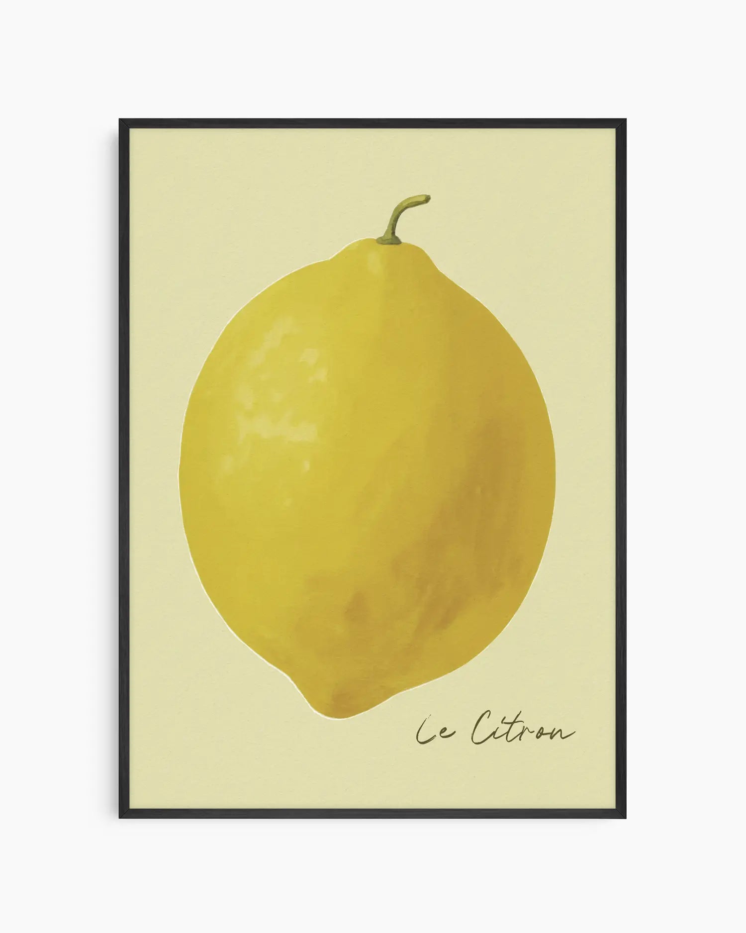 Barntavla med motiv av gul citron och texten "Le Citron", inramad i svart träram. En modern och grafisk detalj som tillför karaktär och stil till barnrummet.