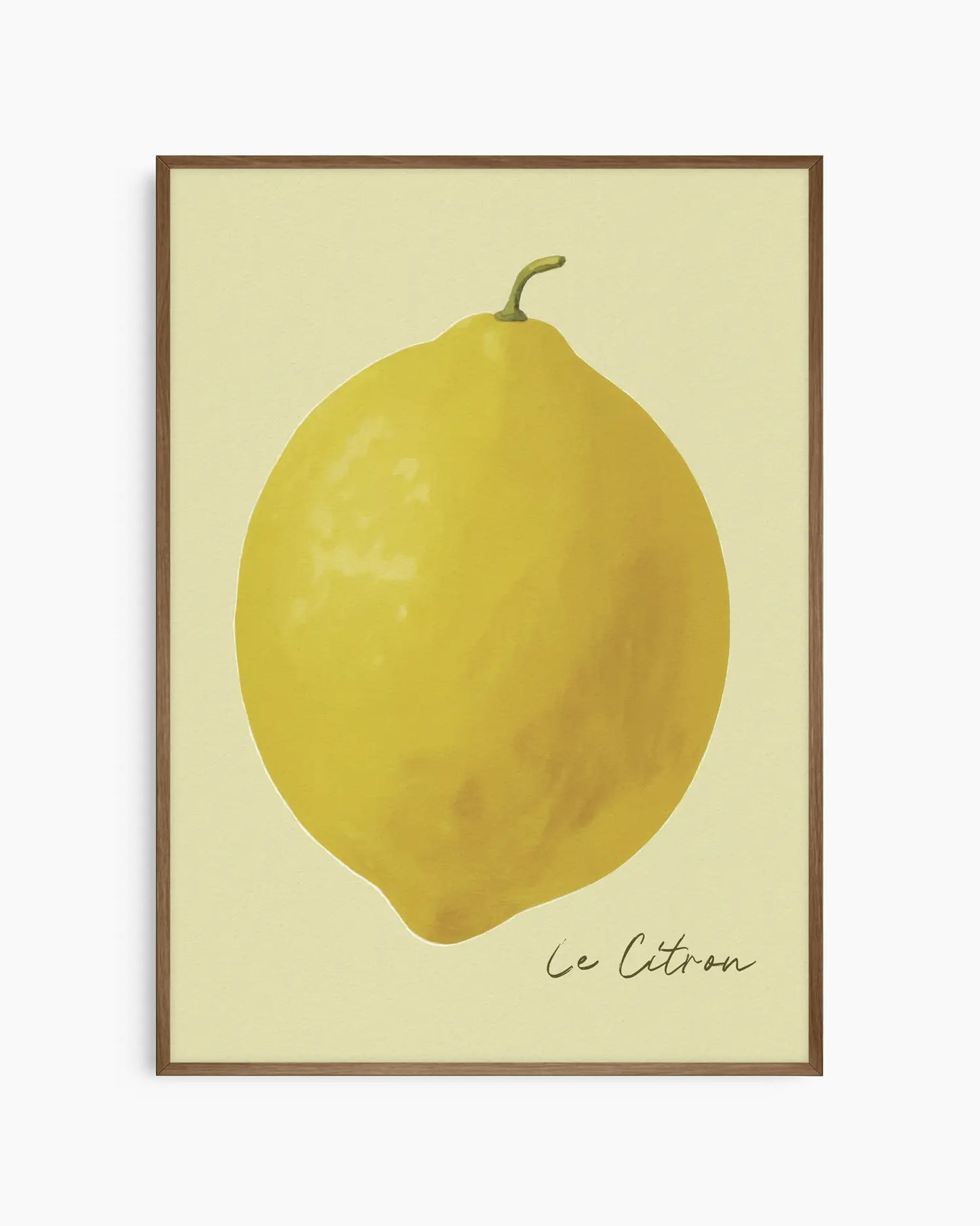 Barntavla med motiv av citron och texten "Le Citron", inramad i mörk ek. Den djupa ramen skapar en vacker kontrast mot den ljusa bakgrunden och ger ett elegant intryck.