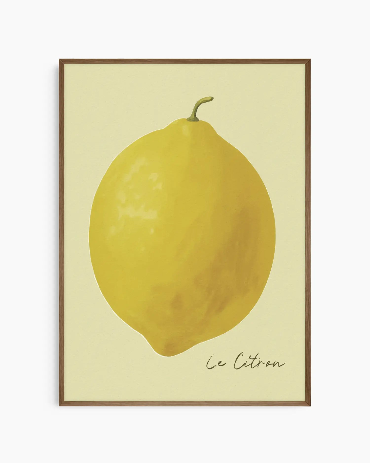 Barntavla med motiv av citron och texten "Le Citron", inramad i mörk ek. Den djupa ramen skapar en vacker kontrast mot den ljusa bakgrunden och ger ett elegant intryck.