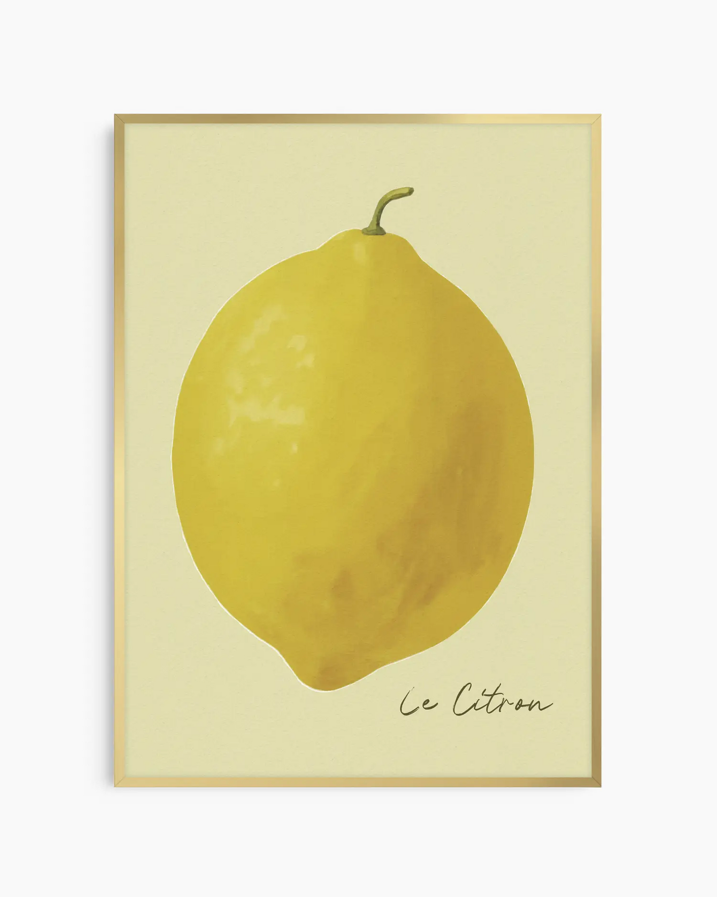 "Le Citron" barntavla med gul citron och handskriven text, inramad i elegant guld aluminiumram. En lyxig och tidlös väggdekoration som skapar ett varmt uttryck.