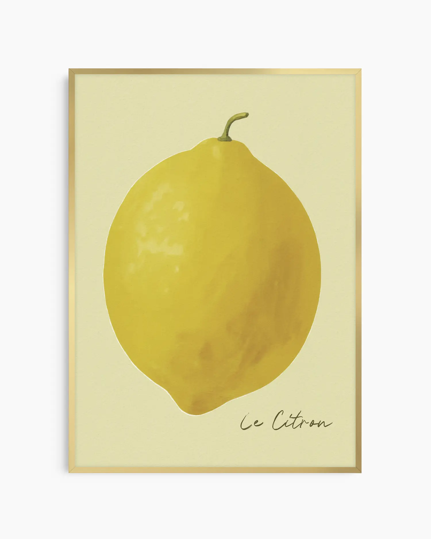 "Le Citron" barntavla med gul citron och handskriven text, inramad i elegant guld aluminiumram. En lyxig och tidlös väggdekoration som skapar ett varmt uttryck.
