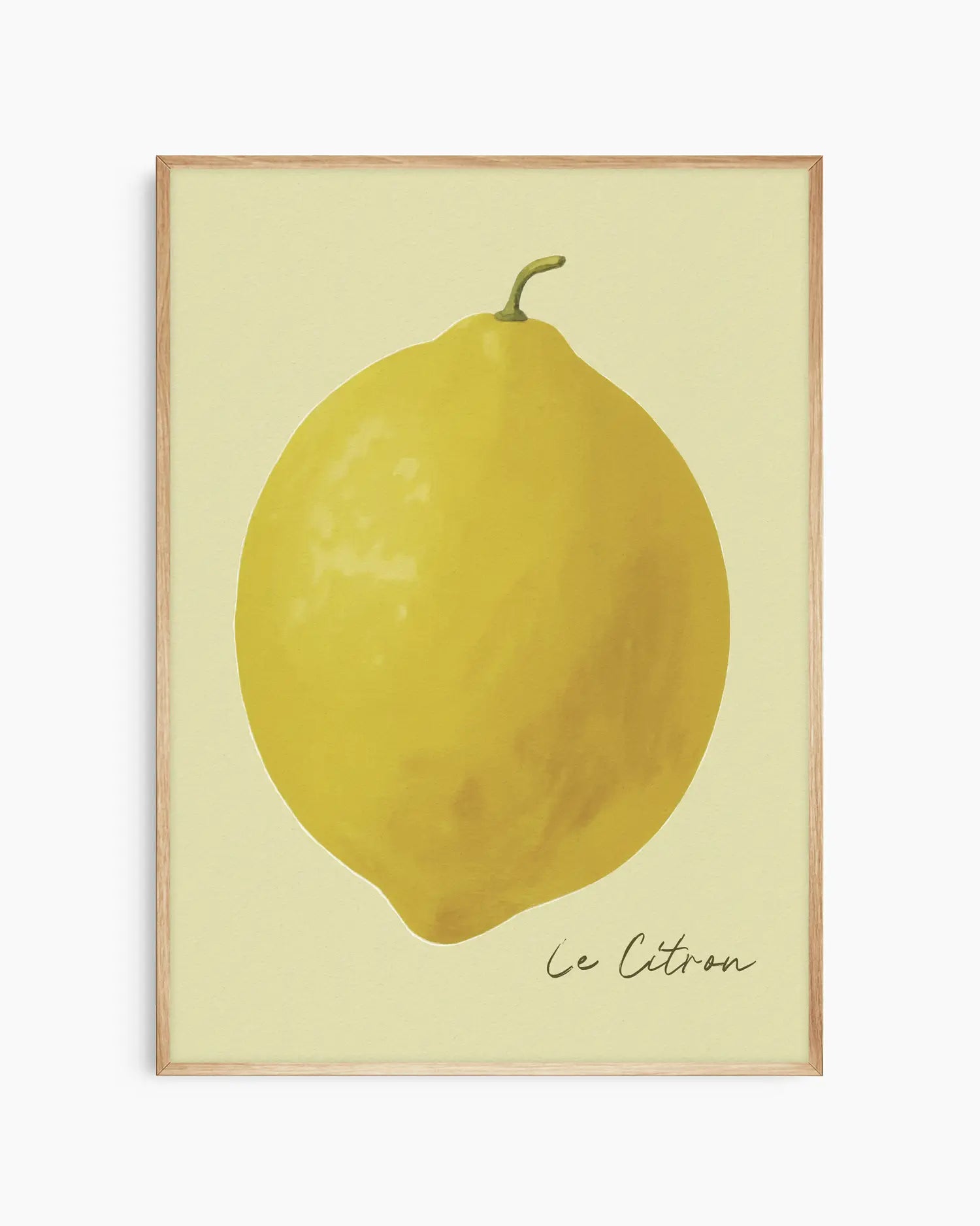 "Le Citron" barntavla med gul citron och elegant text, inramad i träram av ek. En varm och naturlig detalj som passar perfekt i barnrum med skandinavisk inredning.