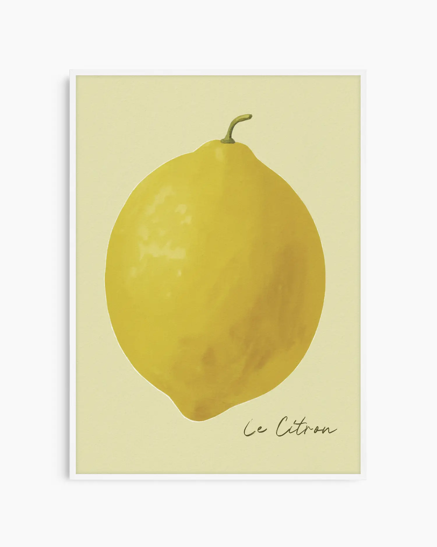"Le Citron" barntavla inramad i vit träram. Den ljusa ramen förstärker den fräscha, somriga känslan och passar utmärkt i barnrum eller kök med ljusa färger.