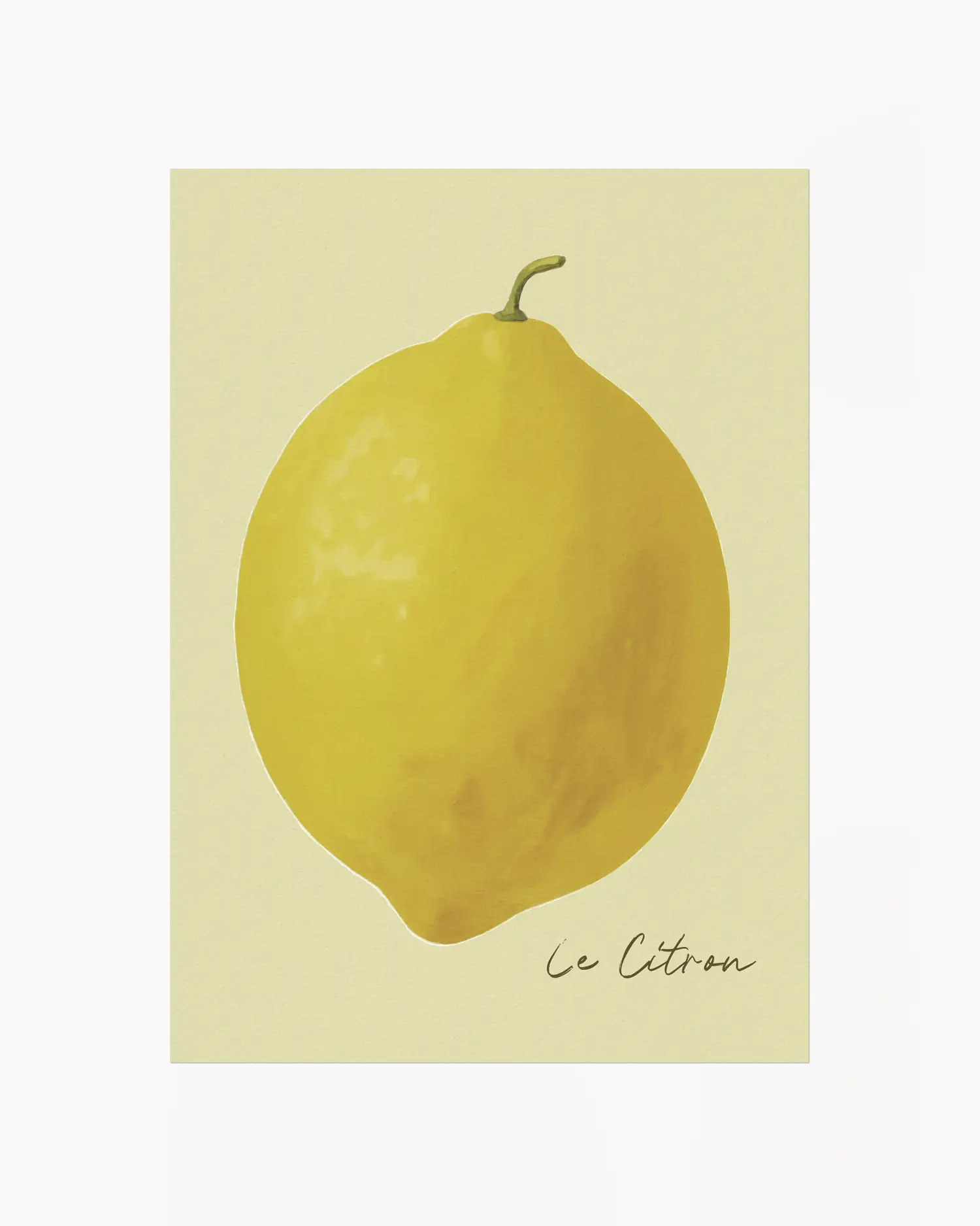 Barntavla med motiv av en stor gul citron och texten "Le Citron" i handskriven stil. En lekfull och stilren illustration som ger en fräsch känsla till barnrummet eller köket.