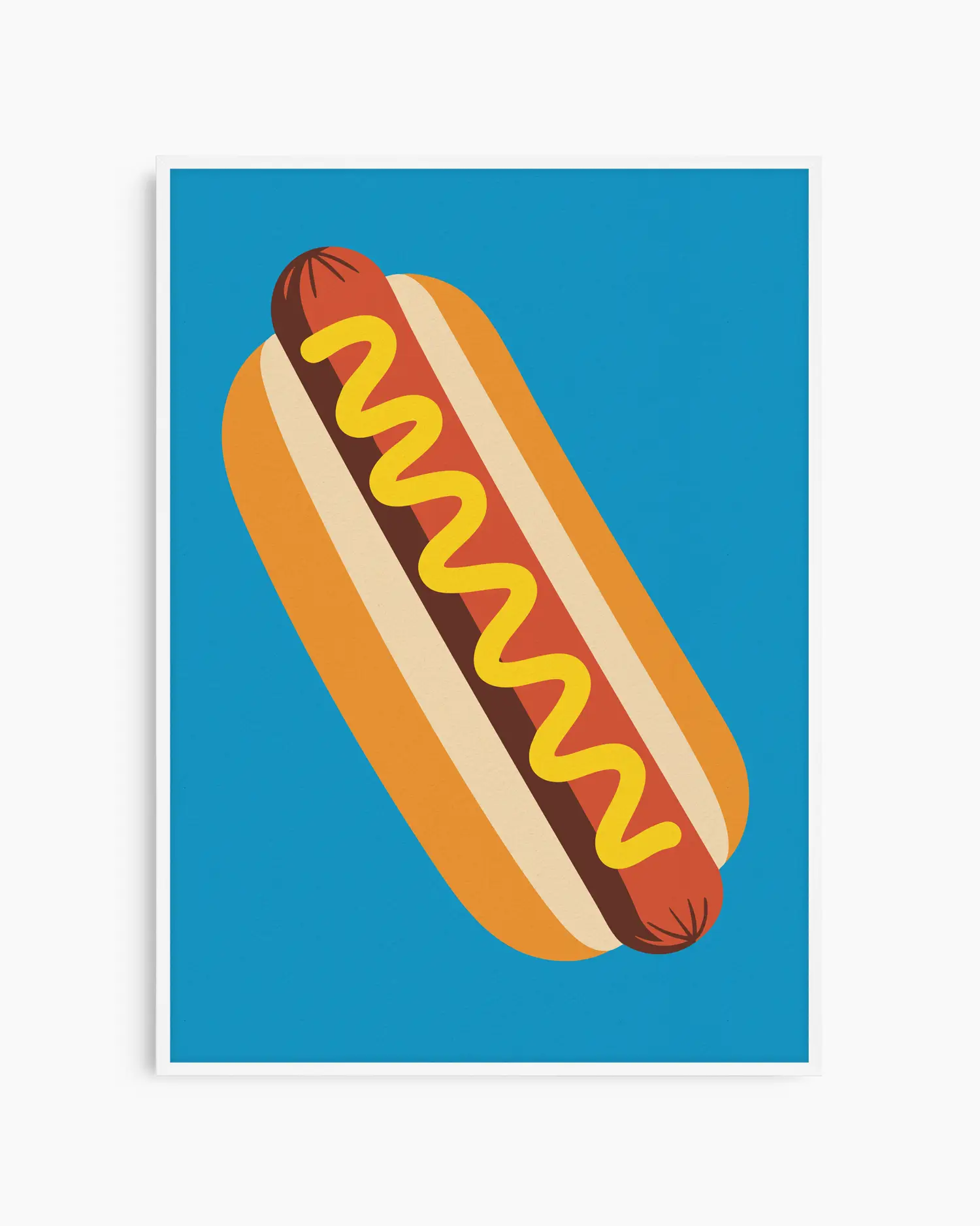 Barnrumstavla med färgstark hotdog-illustration och senapsslinga på blå bakgrund, inramad i vit träram. En ljus och humoristisk detalj.