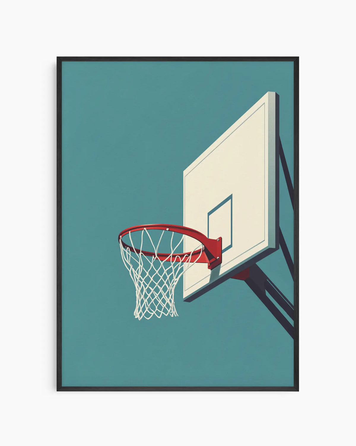 Barnrumstavla med illustration av en basketkorg med rött ringfäste och vitt nät mot blågrön himmel, inramad i svart träram. En sportig och modern väggdekoration.
