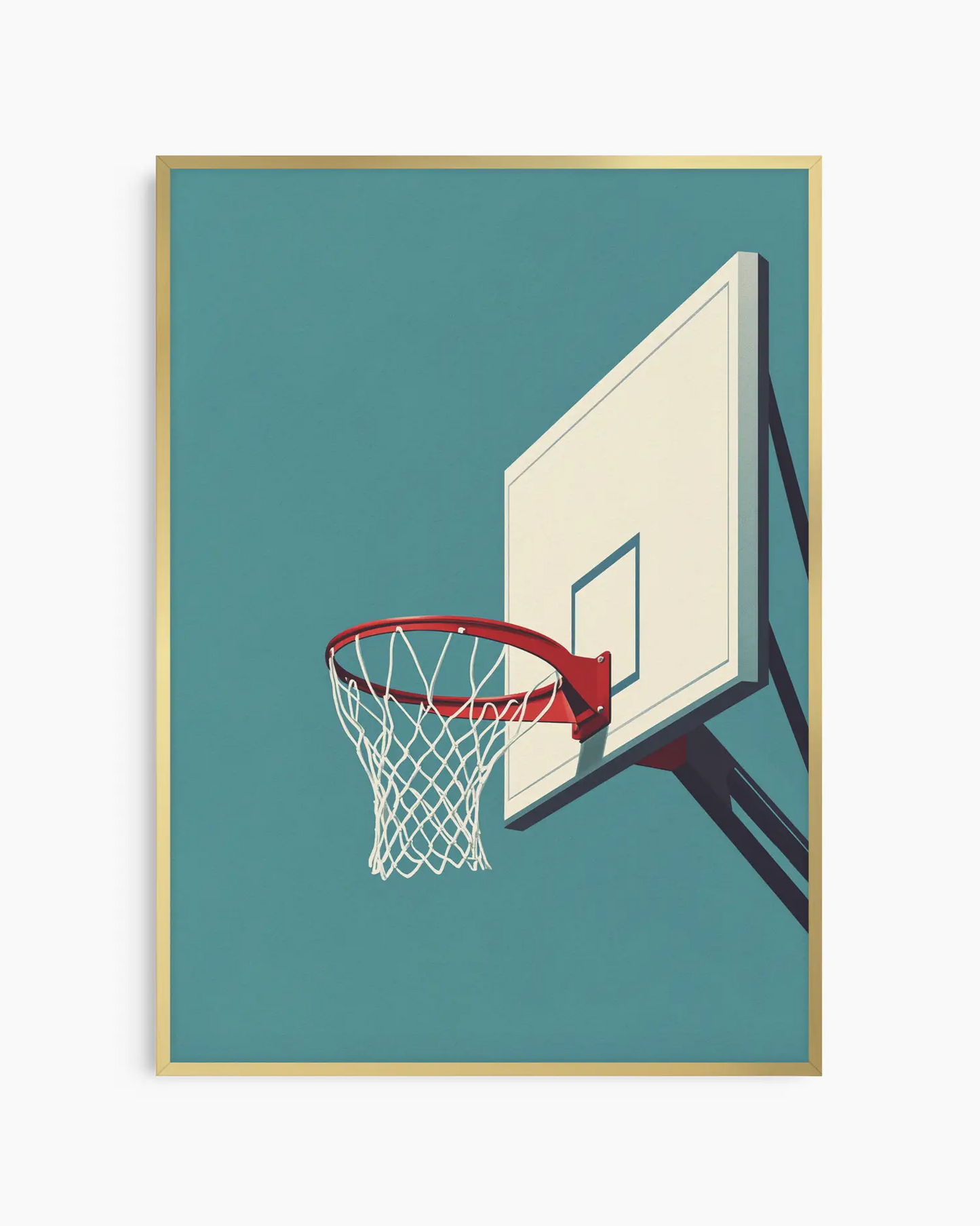 Barnrumstavla med basketkorg och bakplatta i vitt mot blågrön himmel, inramad i guld aluminiumram. En sportig och elegant väggdetalj.