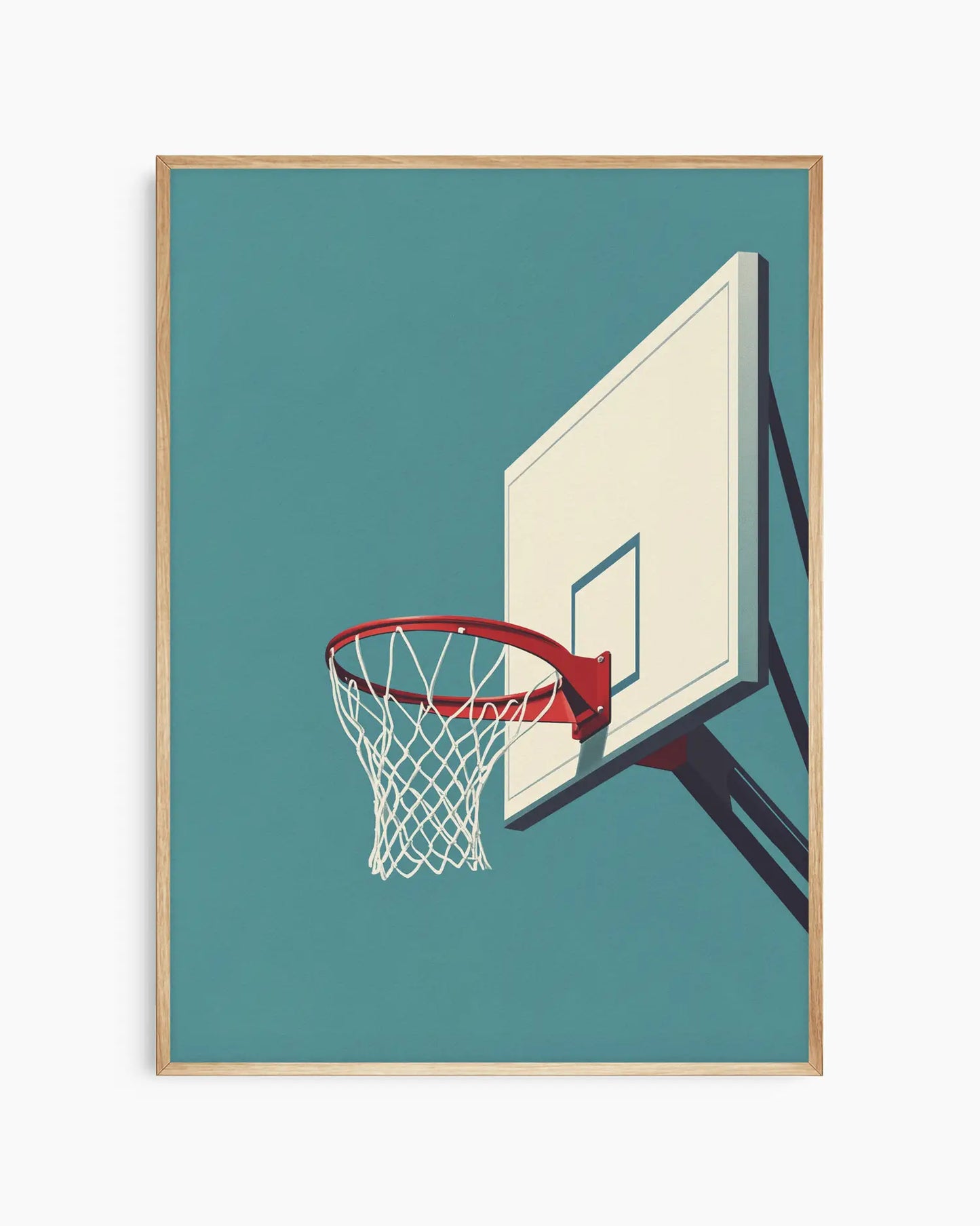 Barnrumstavla med illustration av en klassisk basketkorg mot blågrön bakgrund, inramad i ekram. En varm och modern sportillustration.