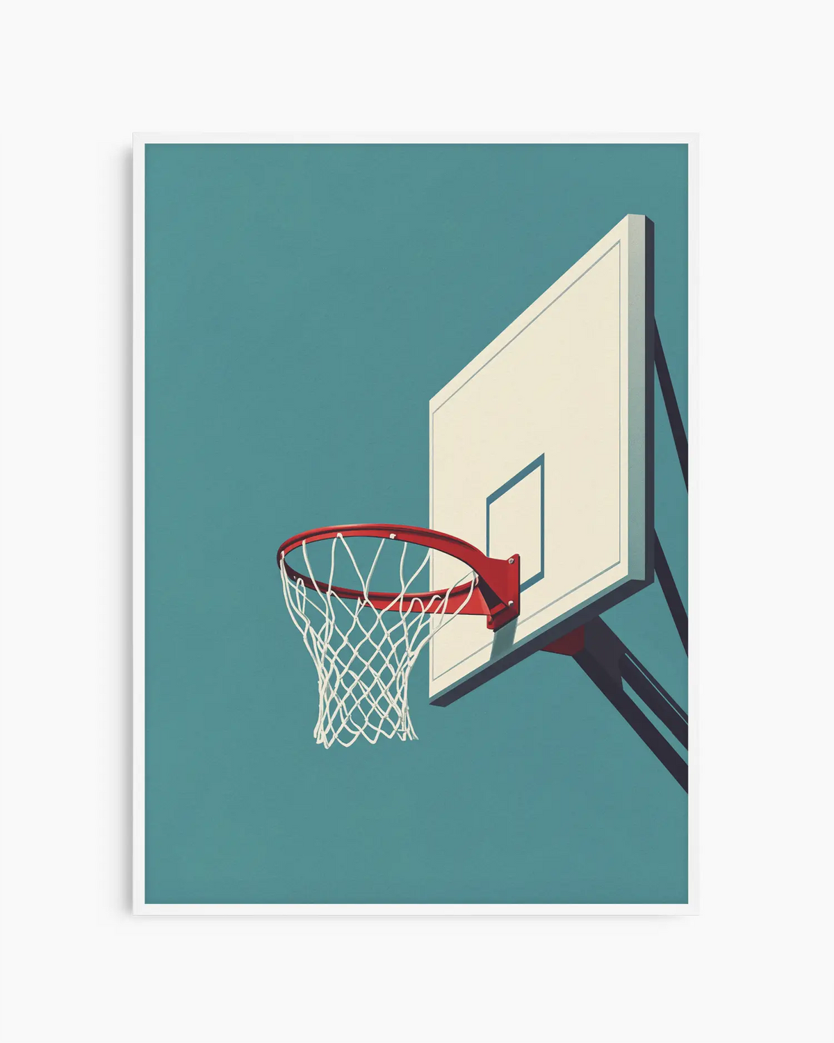 Barnrumstavla med basketkorg i rött och vitt framför blågrön himmel, inramad i vit träram. En ljus och lekfull sporttavla.