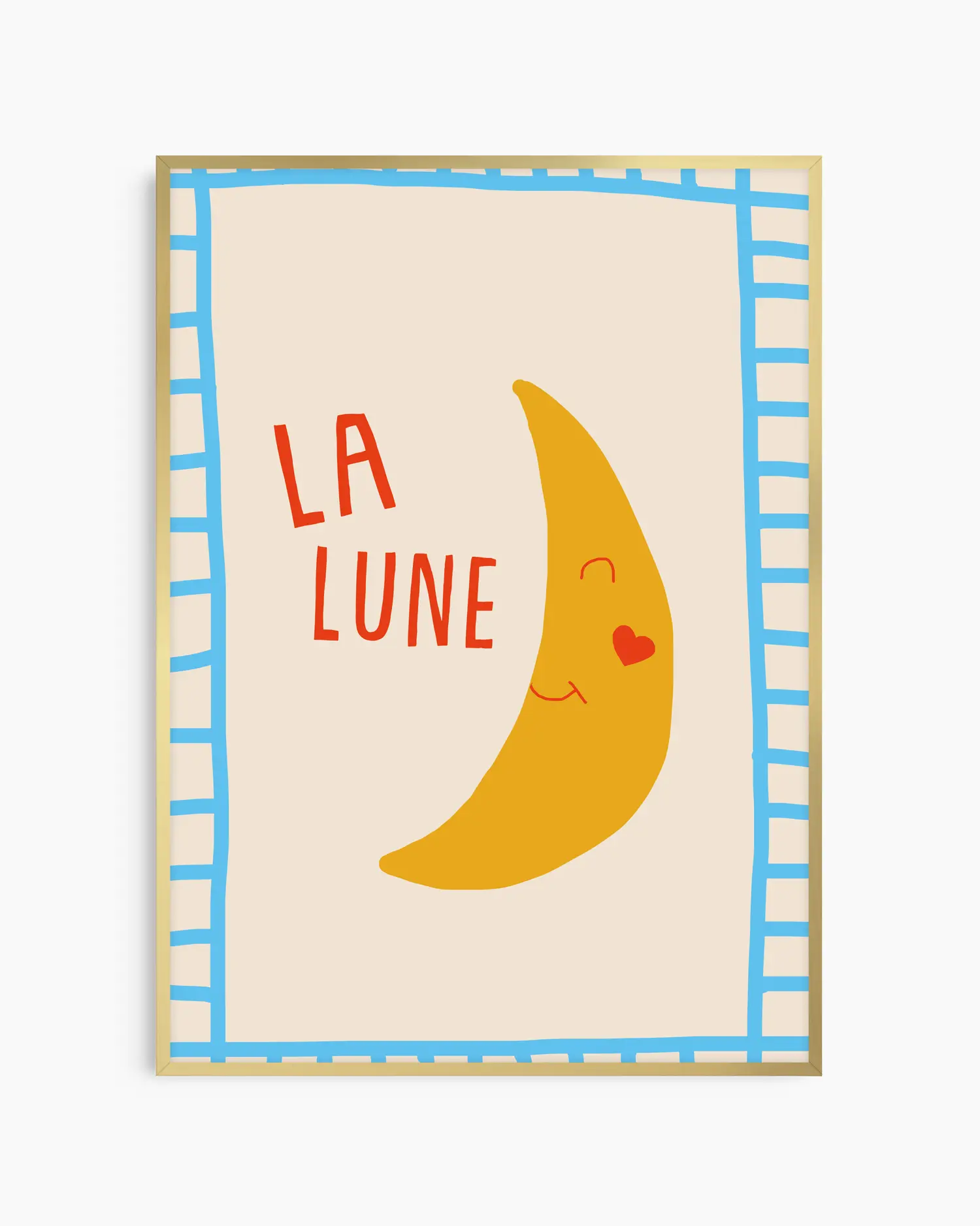 Barntavla med leende måne och texten “LA LUNE” på mjuk neutral bakgrund, inramad i guld aluminiumram. Ger ett charmigt och lätt sagolikt uttryck.