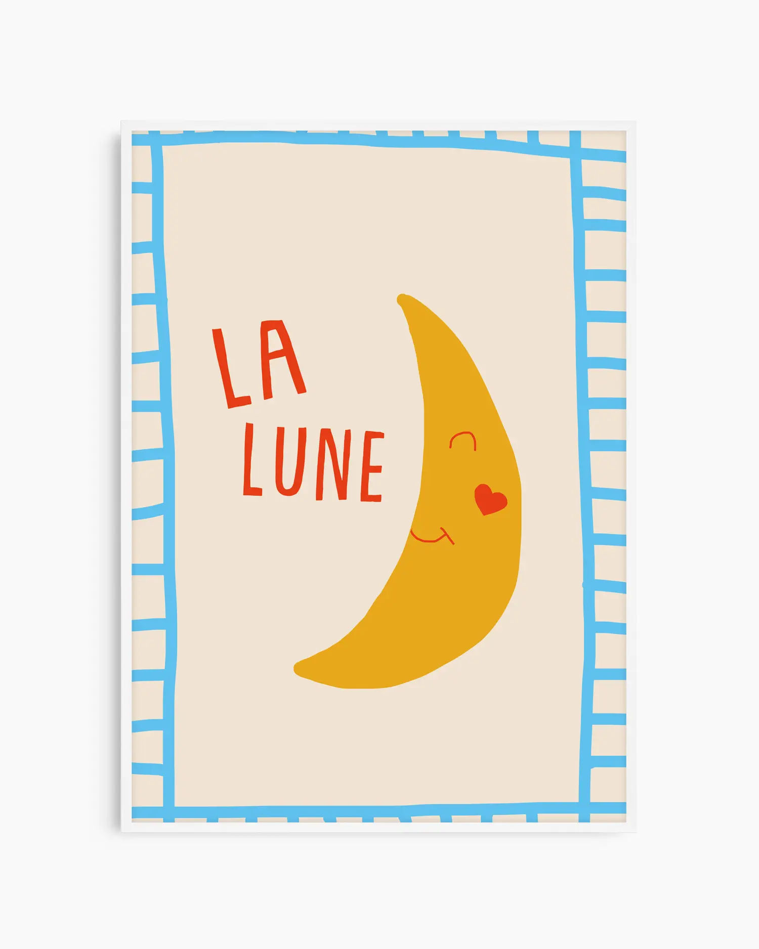 Barntavla med illustrerad måne och texten “LA LUNE”, inramad i vit träram för ett mjukt och luftigt intryck.